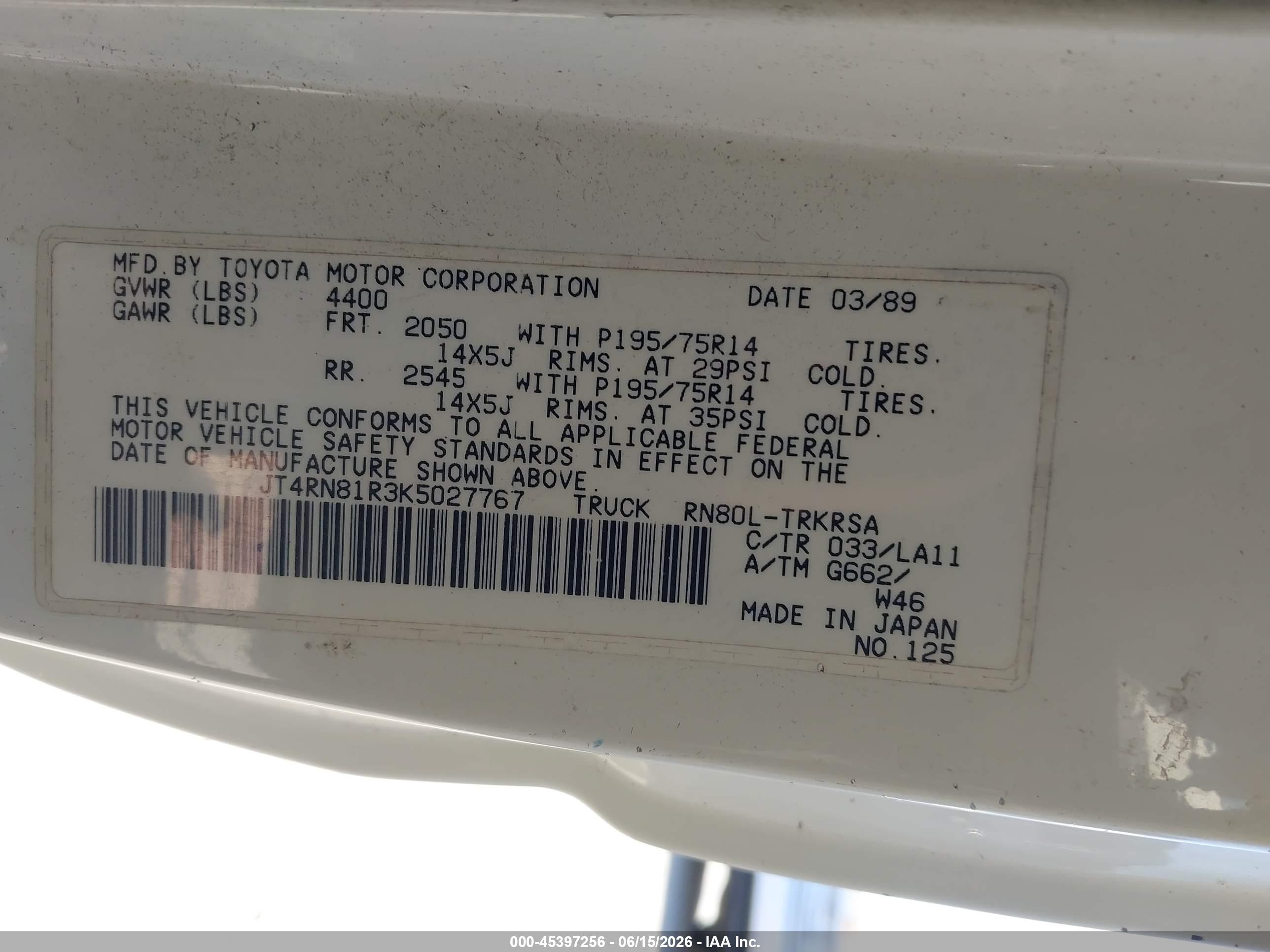 1989 Toyota Pickup 1/2 Ton Short Wheelbase White vin: JT4RN81R3K5027767