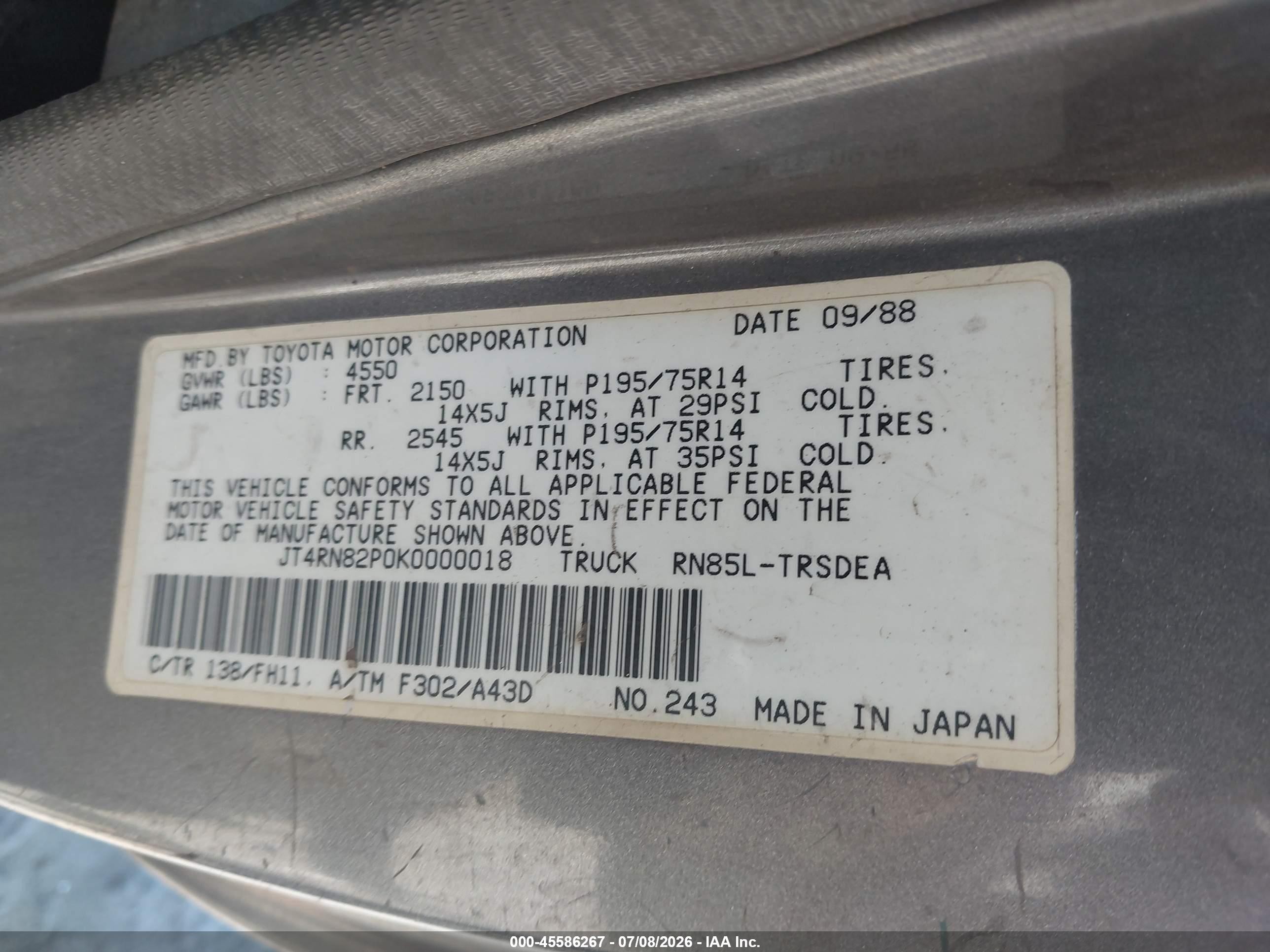 1989 Toyota Pickup 1/2 Ton Lng Wheelbase Dlx Gray vin: JT4RN82P0K0000018
