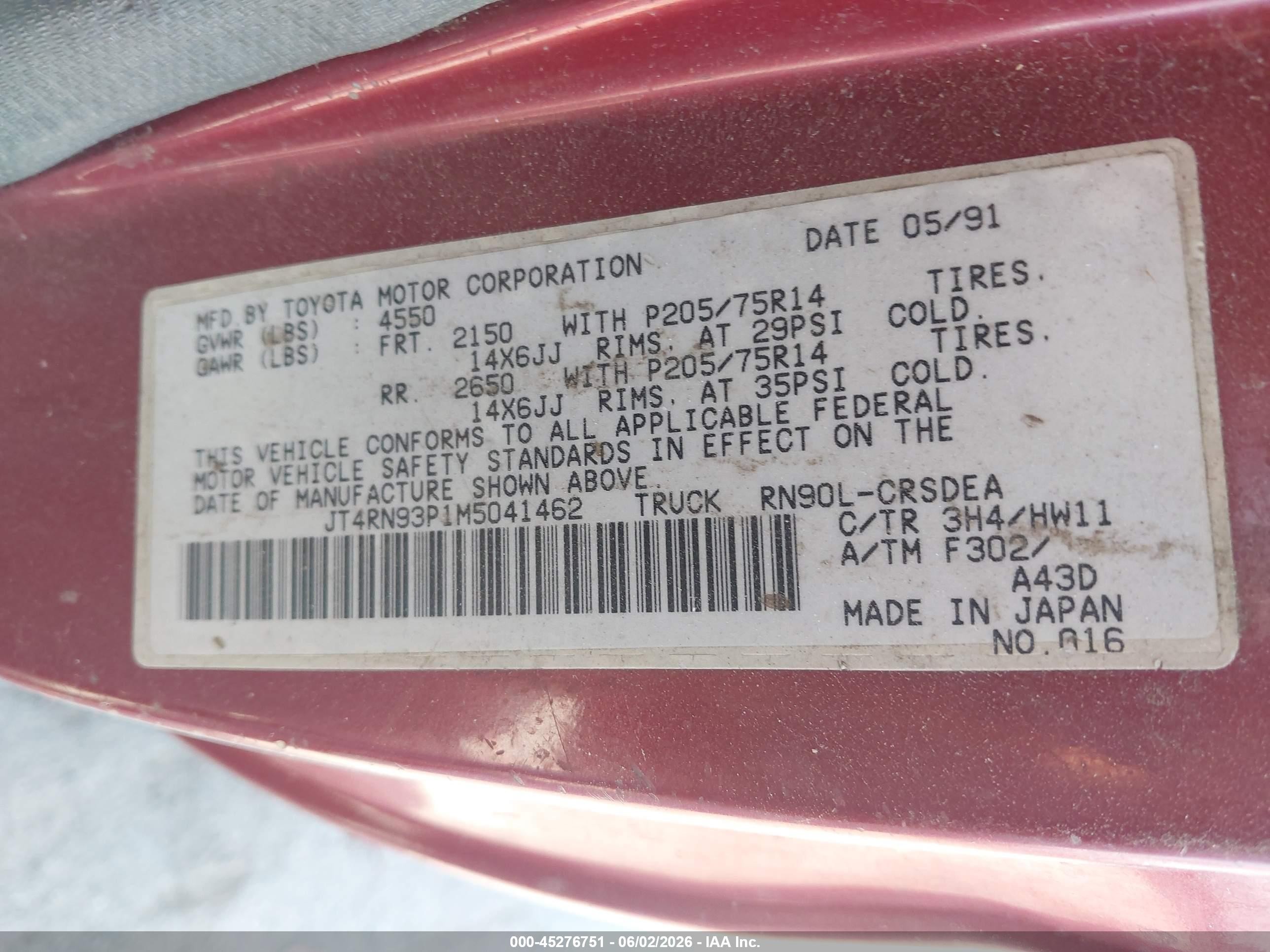 1991 Toyota Pickup 1/2 Ton Ex Lng Whlbse Dlx Red vin: JT4RN93P1M5041462