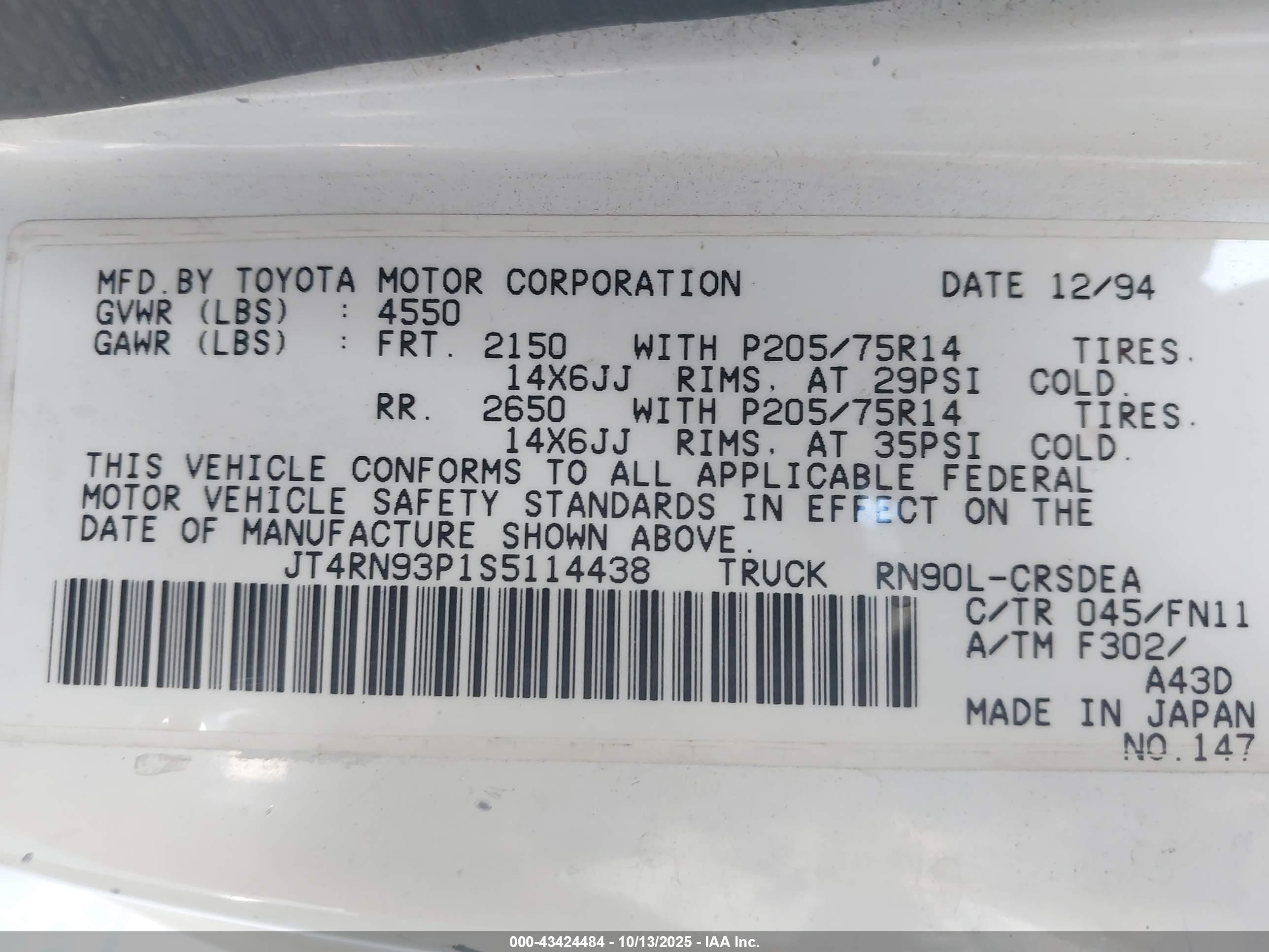 1995 Toyota Pickup 1/2 Ton Ex Lng Whlbase/dx White vin: JT4RN93P1S5114438