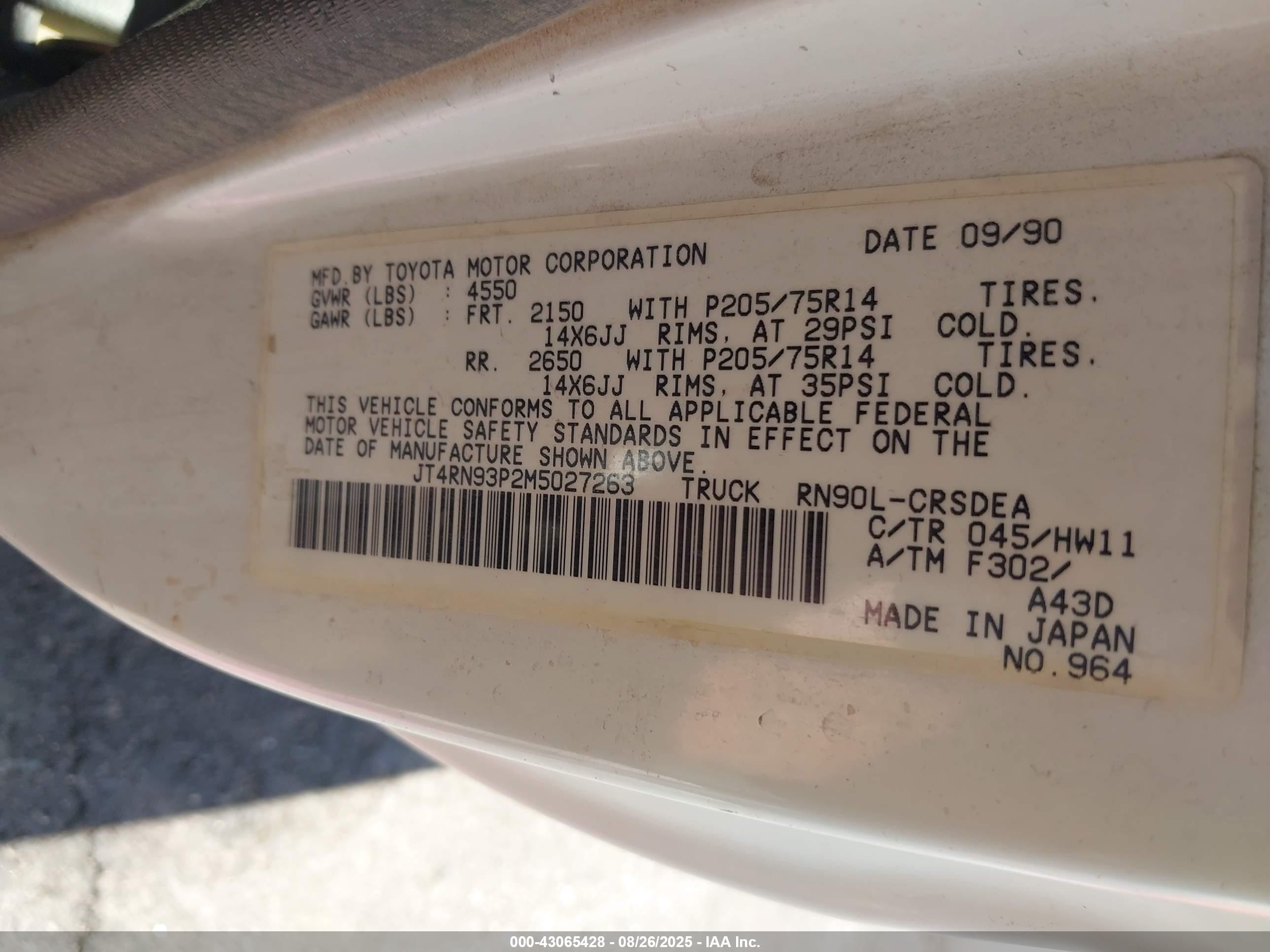1991 Toyota Pickup 1/2 Ton Ex Lng Whlbse Dlx White vin: JT4RN93P2M5027263