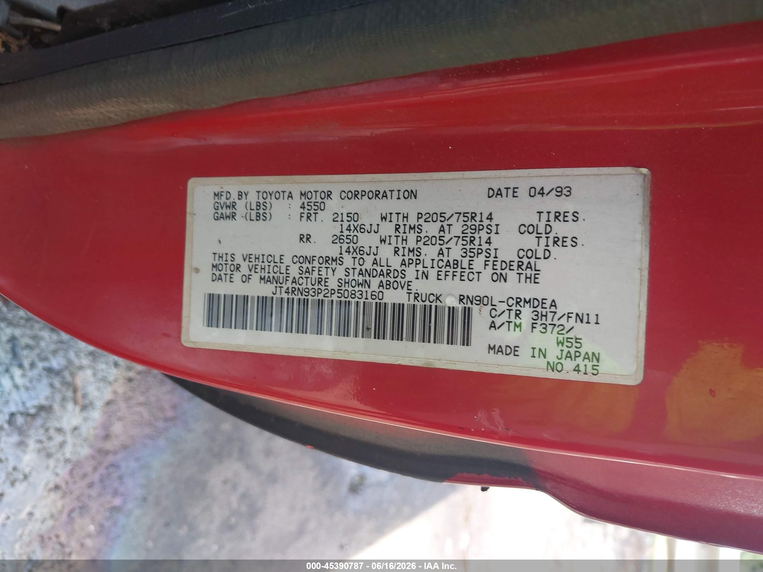 1993 Toyota Pickup 1/2 Ton Ex Long Whlbse Dx Red vin: JT4RN93P2P5083160