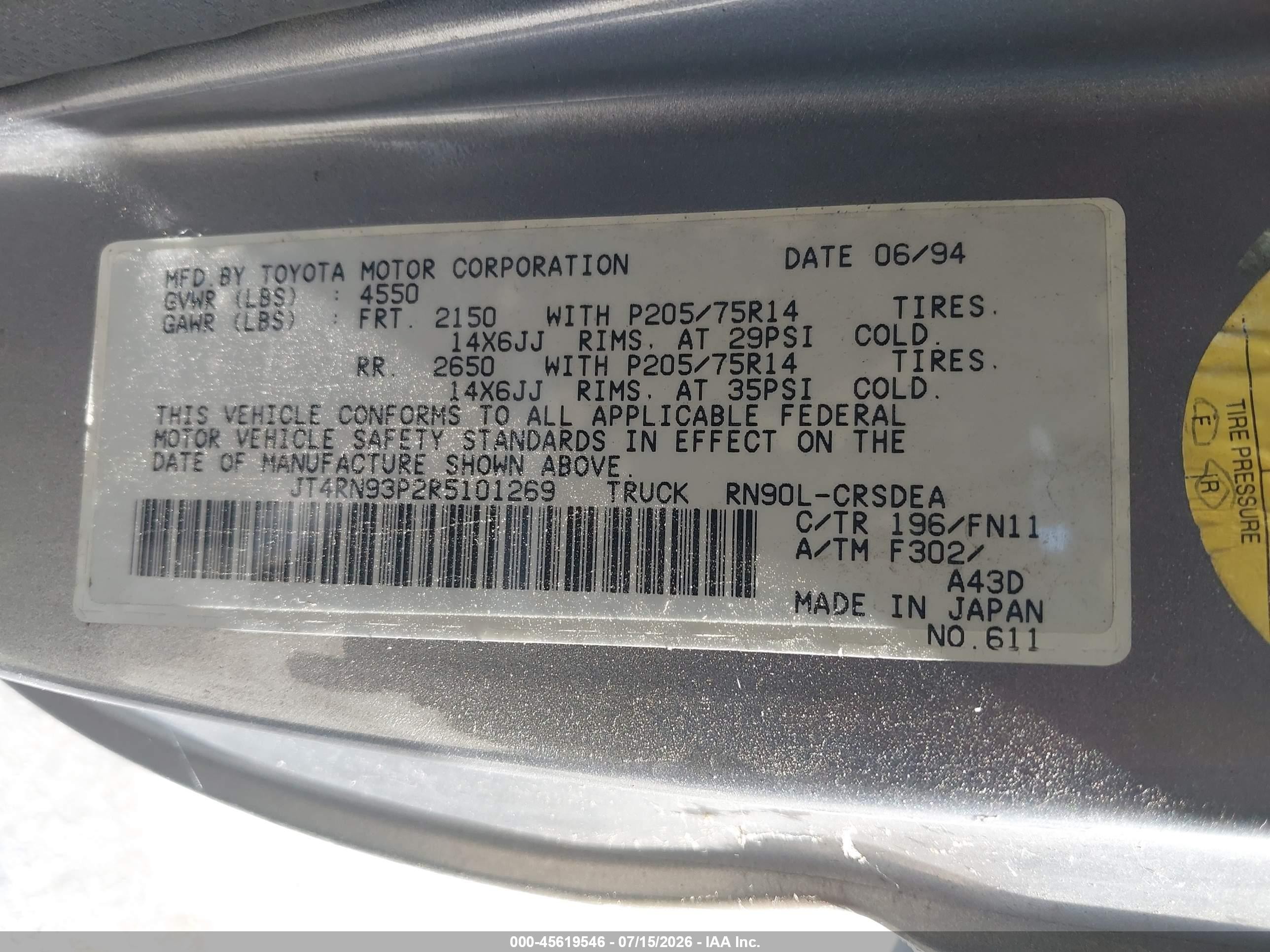 1994 Toyota Pickup 1/2 Ton Ex Lng Whlbase/dx Silver vin: JT4RN93P2R5101269