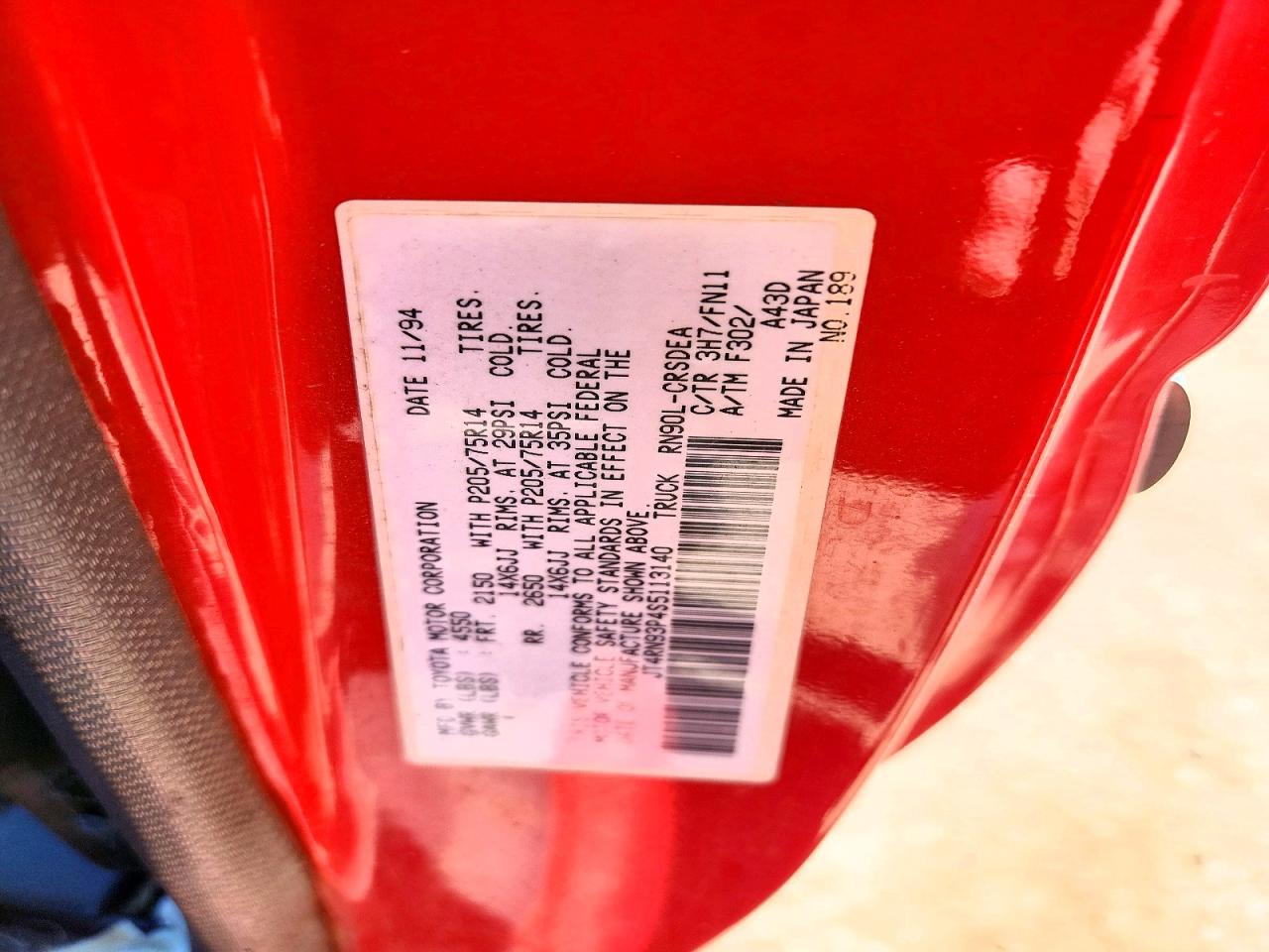 1995 Toyota Pickup Dx Red vin: JT4RN93P4S5113140