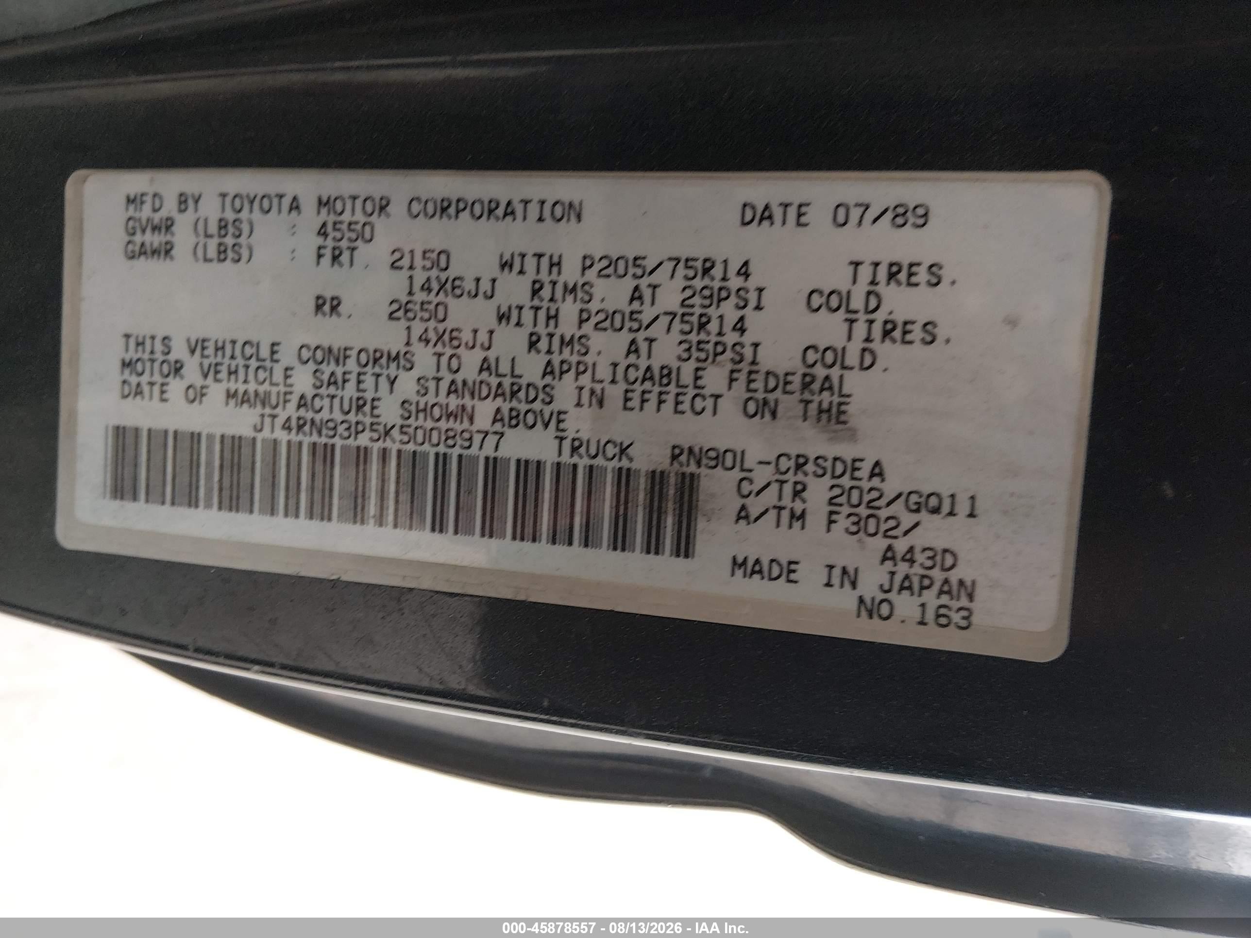 1989 Toyota Pickup 1/2 Ton Ex Lng Whlbse Dlx Черный vin: JT4RN93P5K5008977