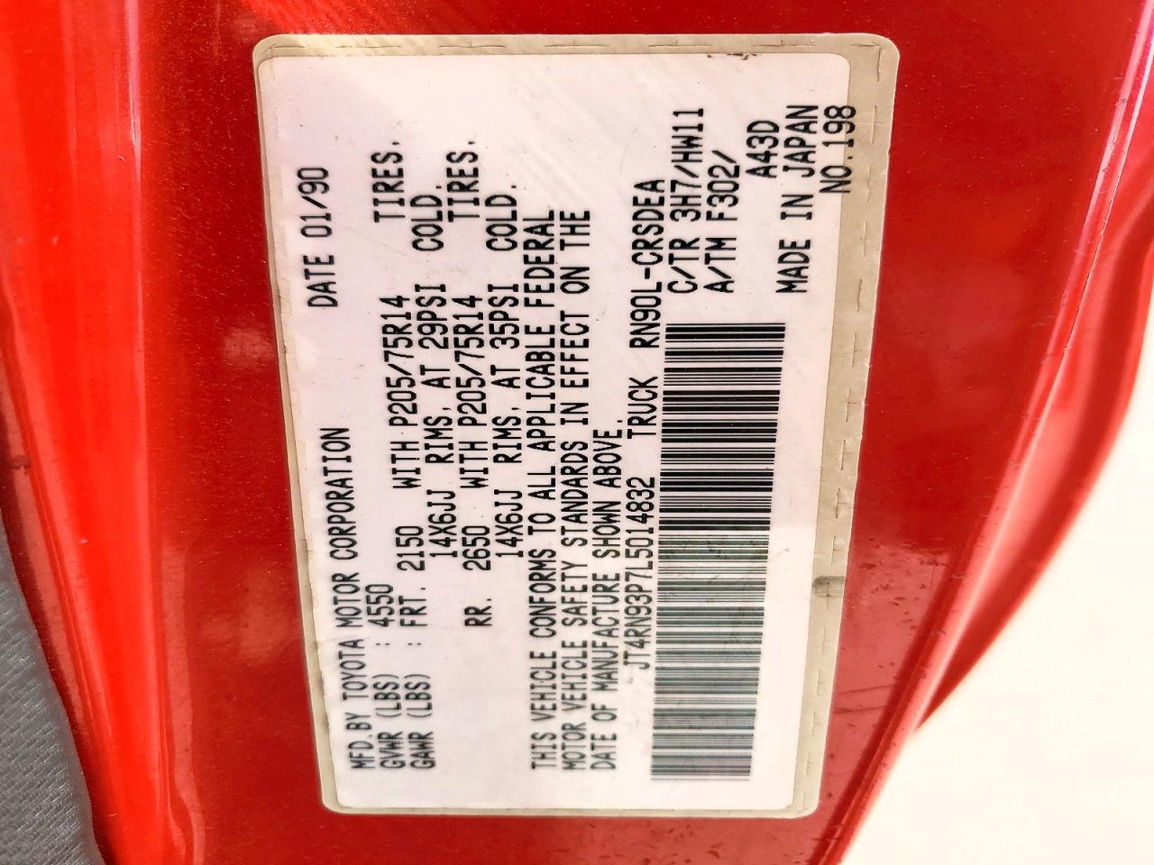 1990 Toyota Pickup Deluxe Red vin: JT4RN93P7L5014832