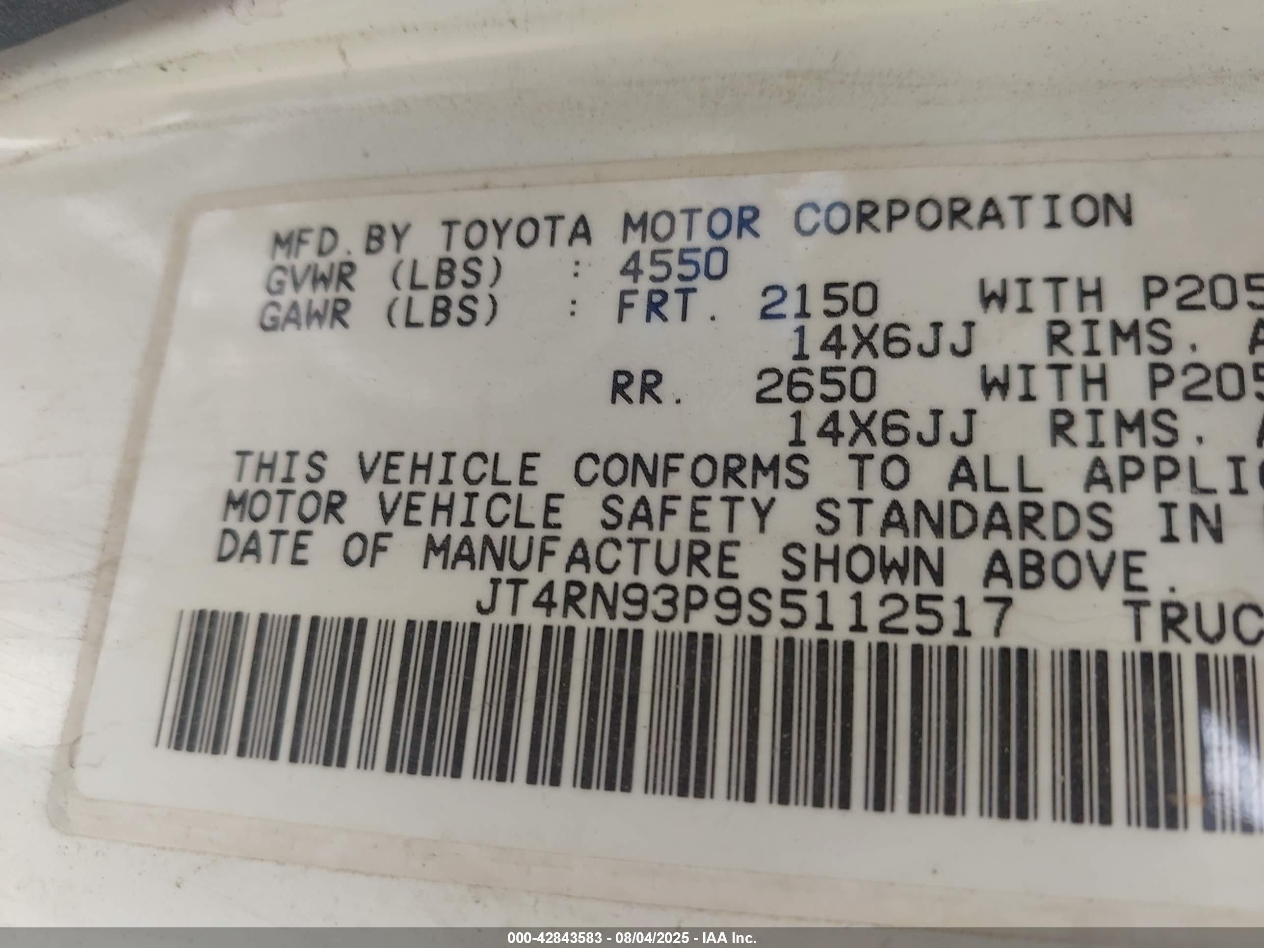 1995 Toyota Pickup 1/2 Ton Ex Lng Whlbase/dx White vin: JT4RN93P9S5112517