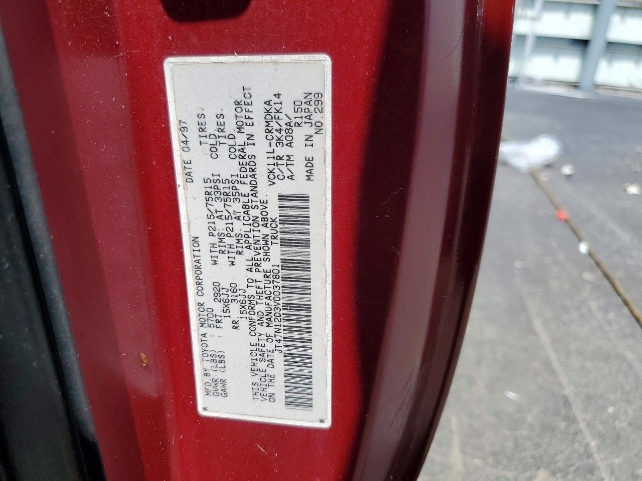1997 Toyota T100 Xtracab Red vin: JT4TN12D3V0037801