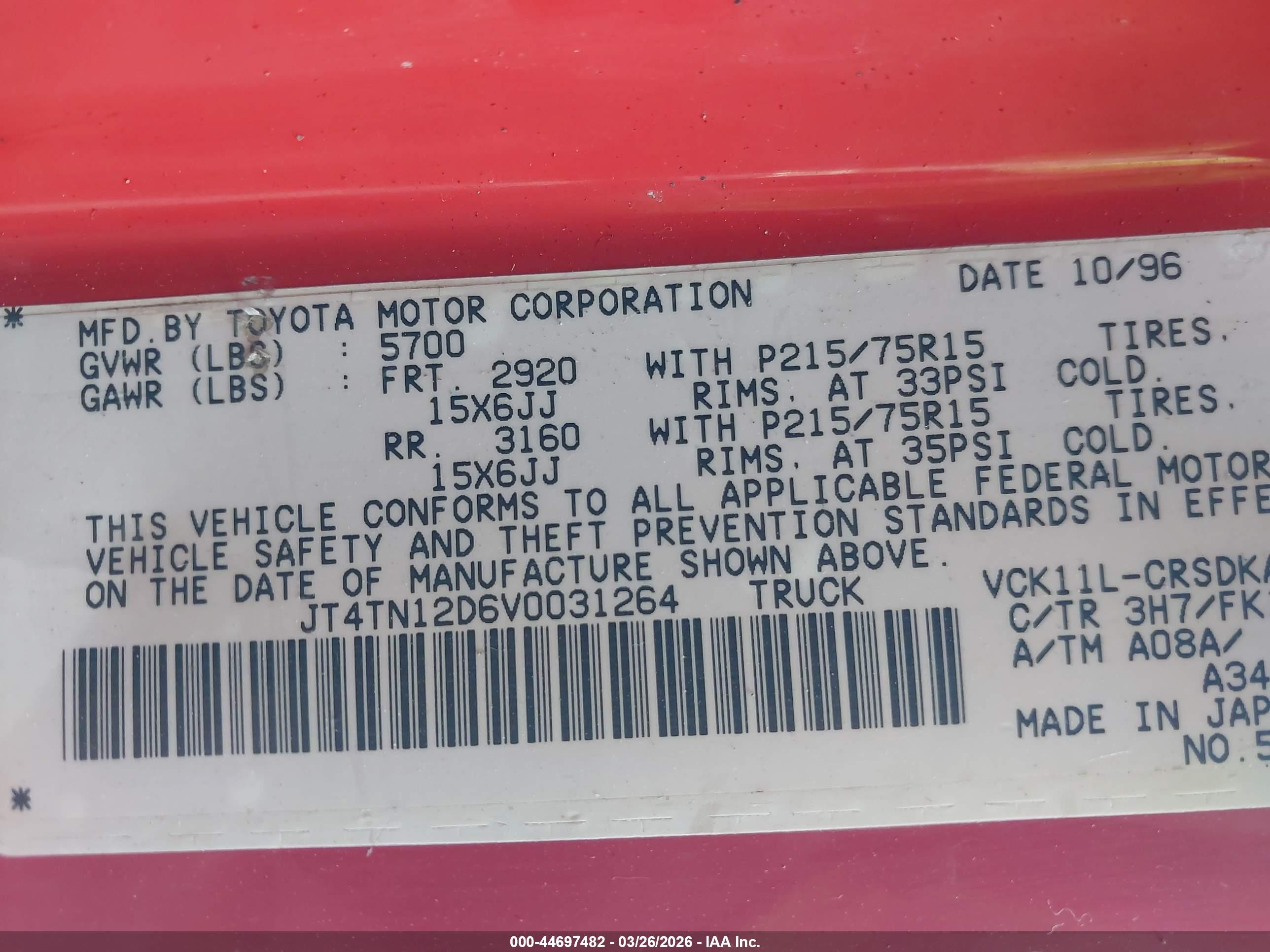 1997 Toyota T100 Dx V6 Red vin: JT4TN12D6V0031264