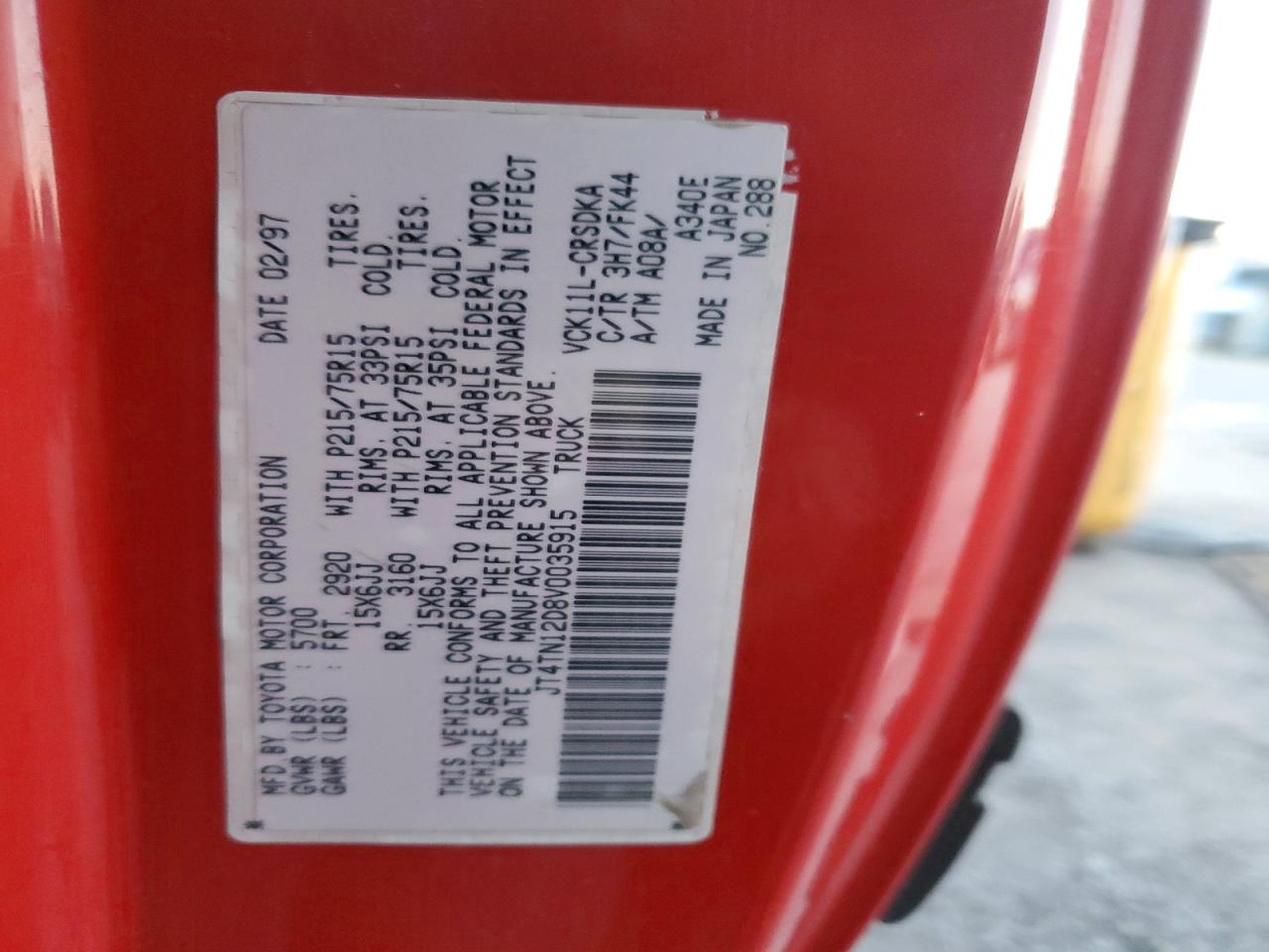 1997 Toyota T100 Xtracab Red vin: JT4TN12D8V0035915