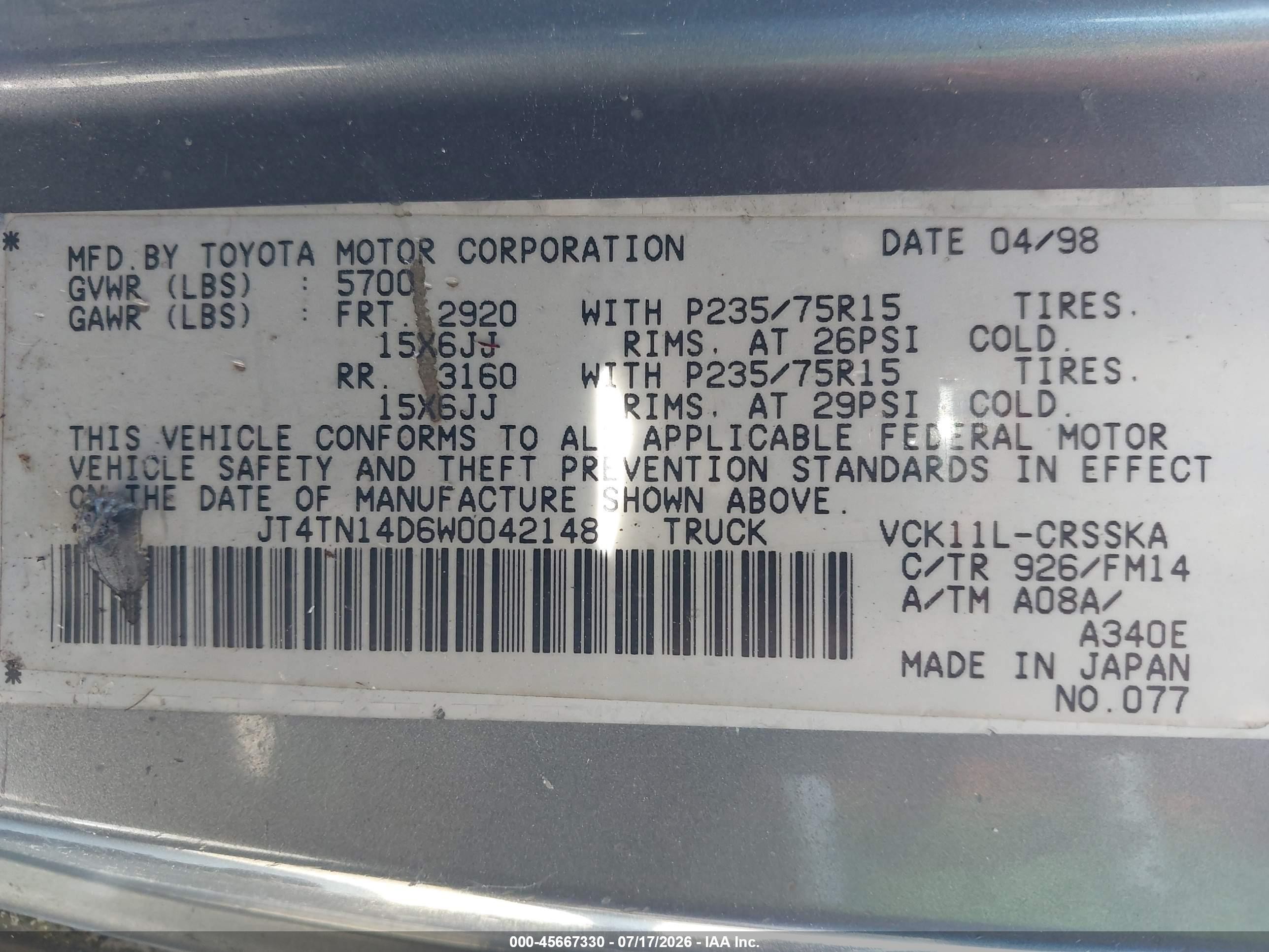 1998 Toyota T100 Sr5 V6 Silver vin: JT4TN14D6W0042148