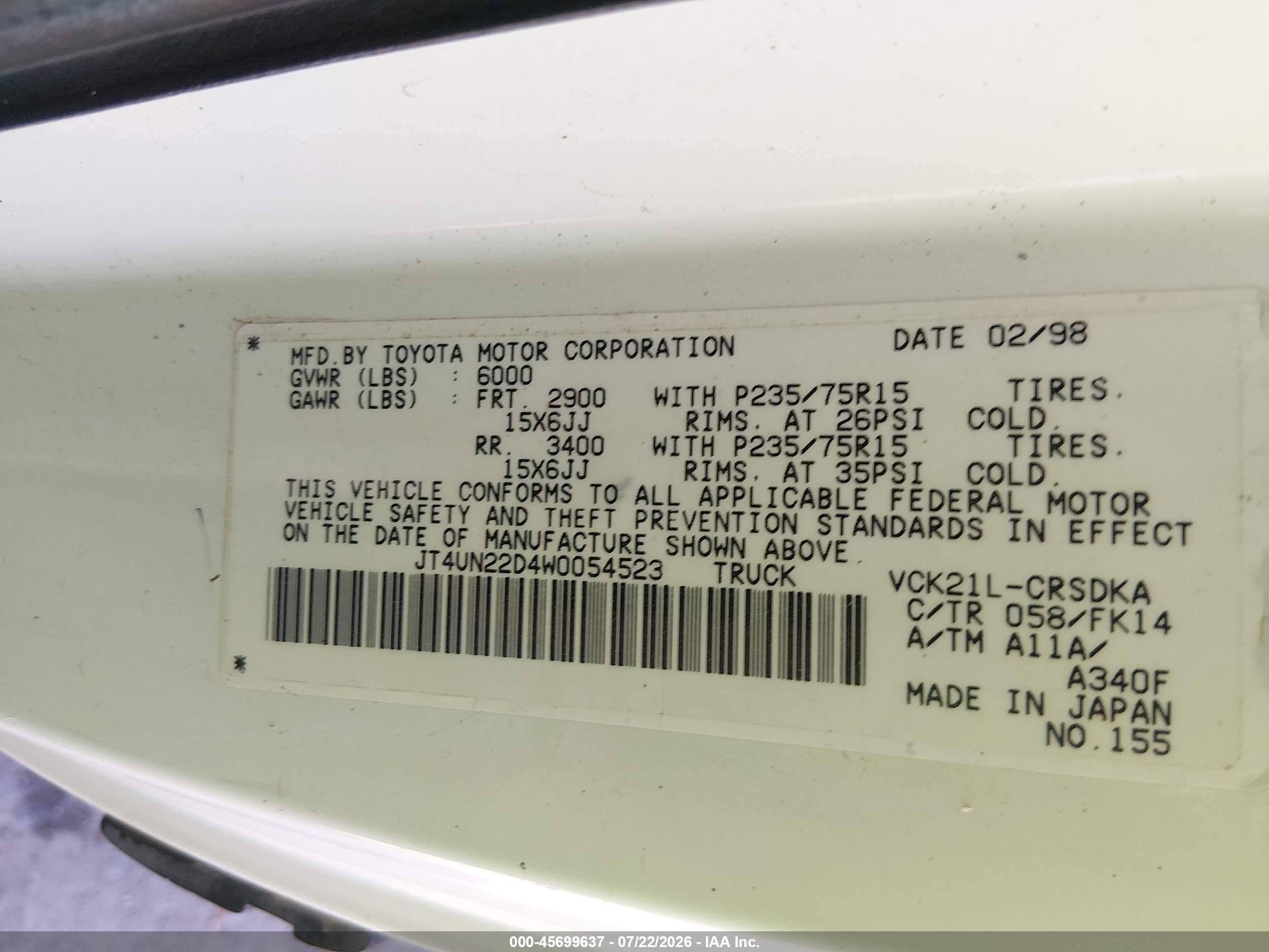 1998 Toyota T100 Dx V6 White vin: JT4UN22D4W0054523
