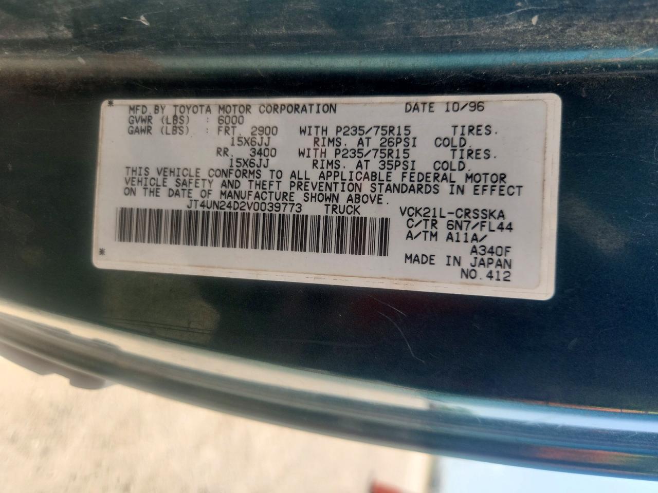 1997 Toyota T100 Xtracab Sr5 Green vin: JT4UN24D2V0039773