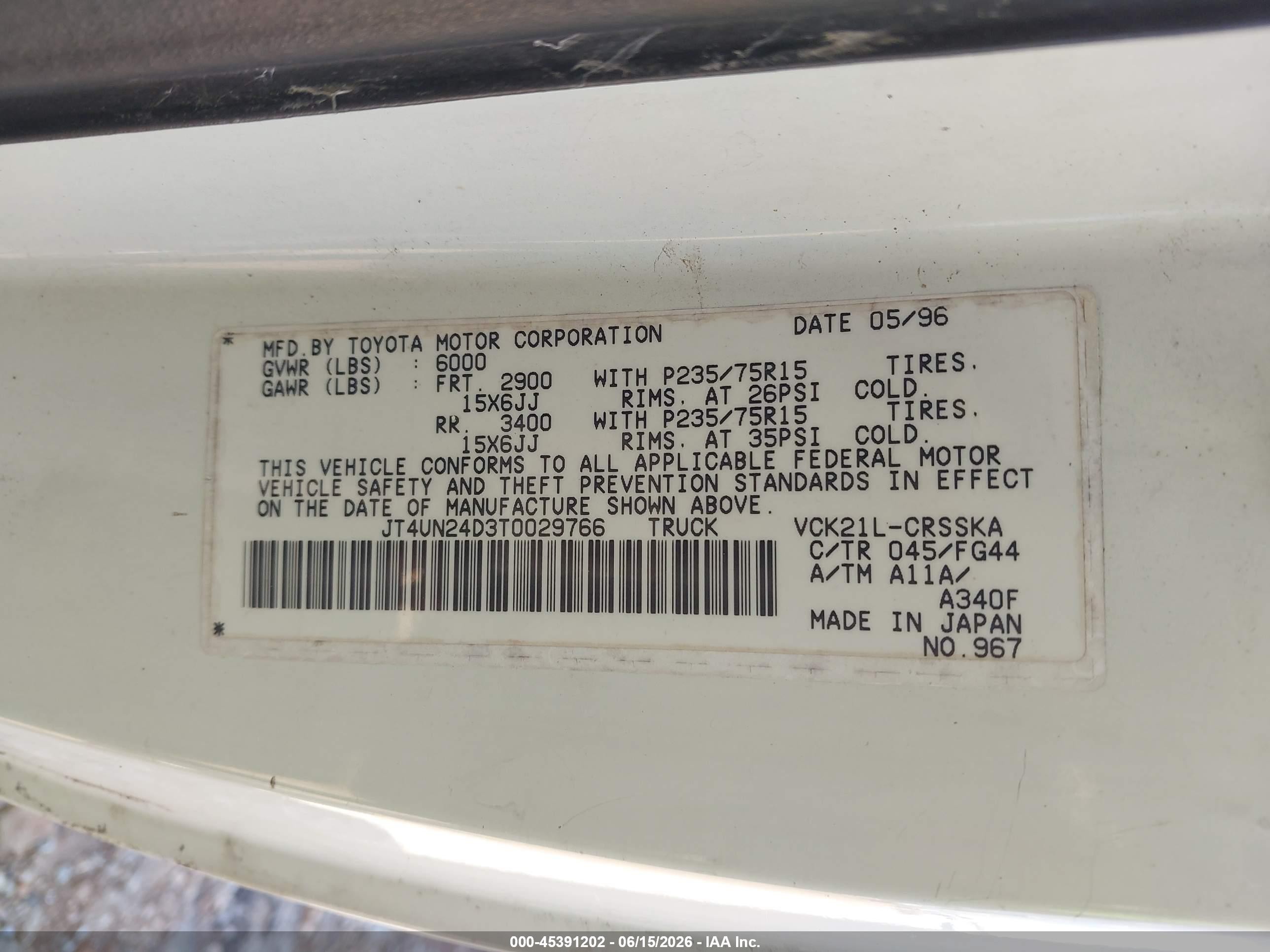 1996 Toyota T100 Xtracab Sr5 White vin: JT4UN24D3T0029766