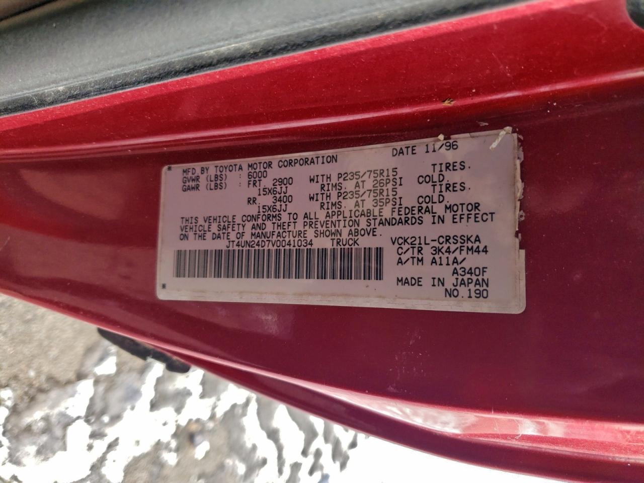 1997 Toyota T100 Xtracab Sr5 Burgundy vin: JT4UN24D7V0041034