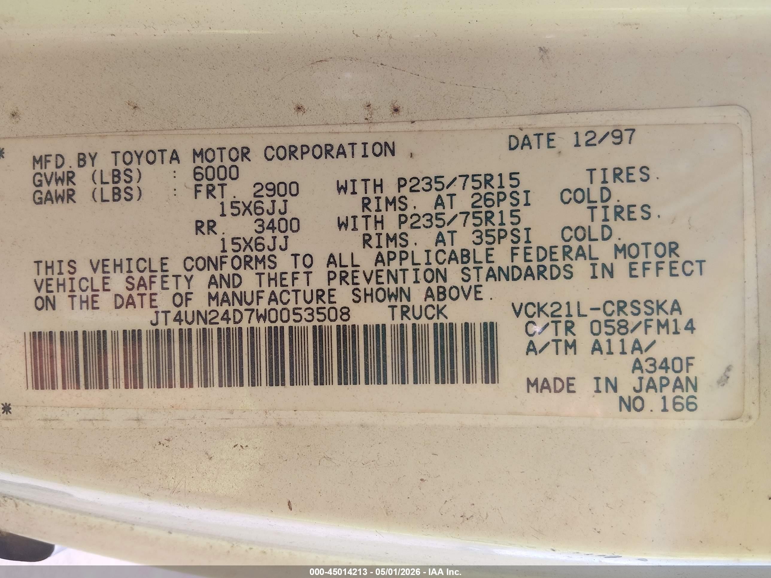 1998 Toyota T100 Sr5 V6 White vin: JT4UN24D7W0053508