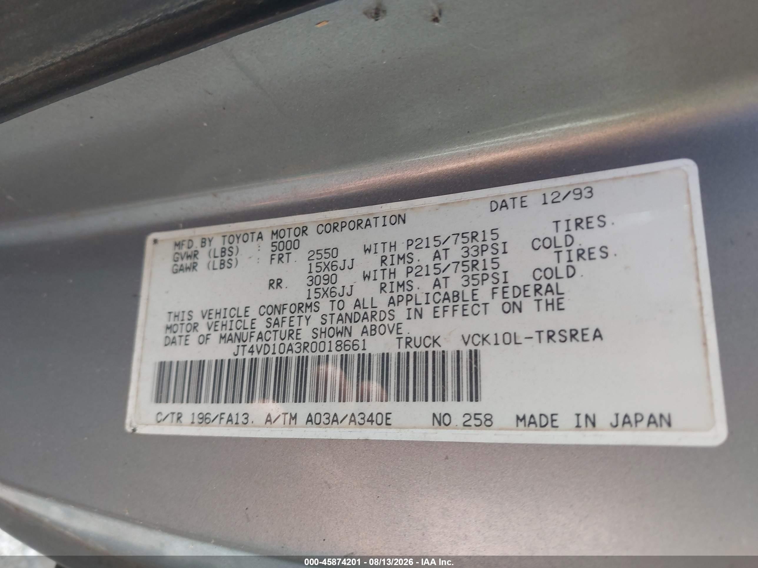 1994 Toyota T100 Dx Серебряный vin: JT4VD10A3R0018661