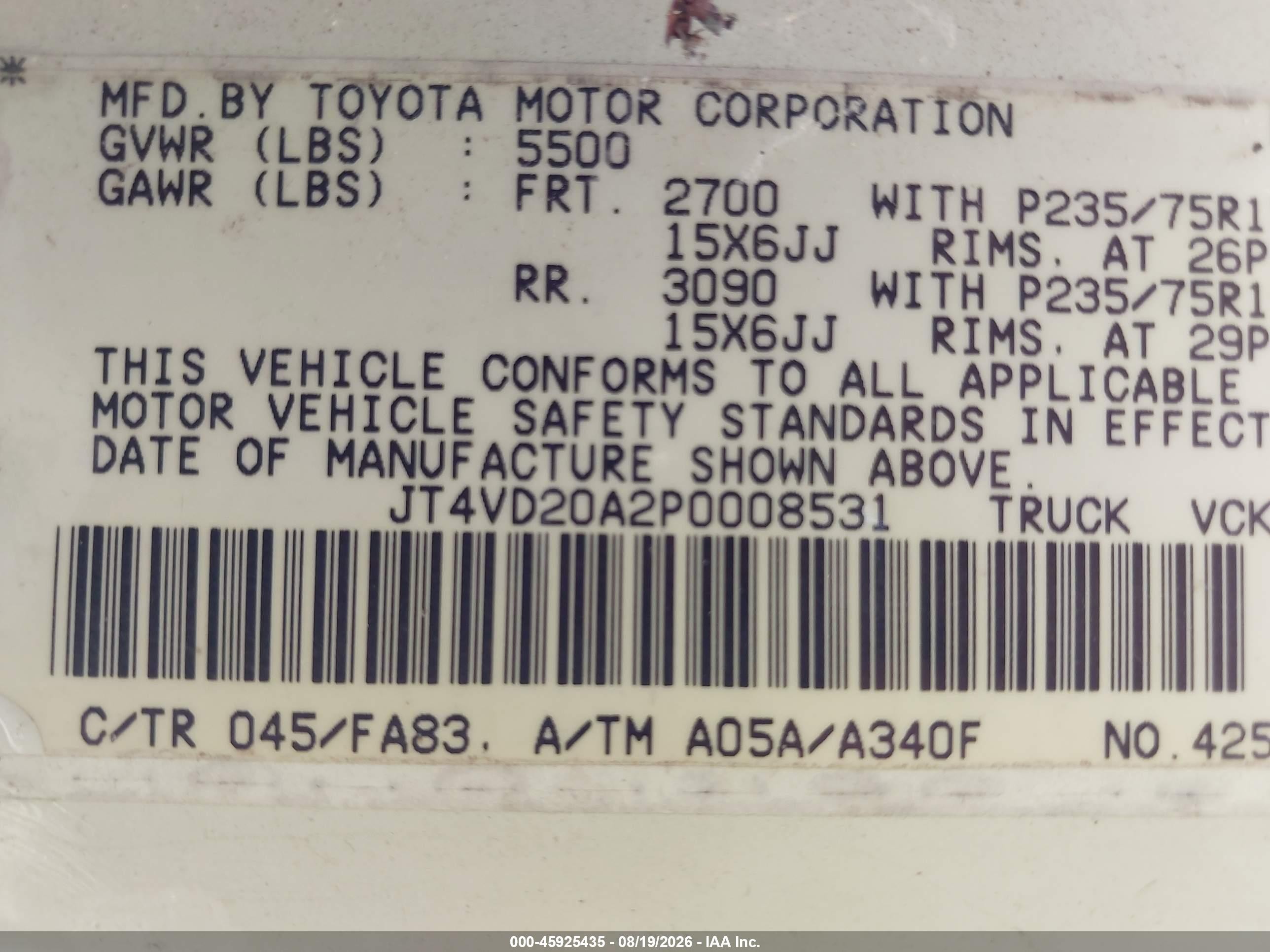1993 Toyota T100   White vin: JT4VD20A2P0008531