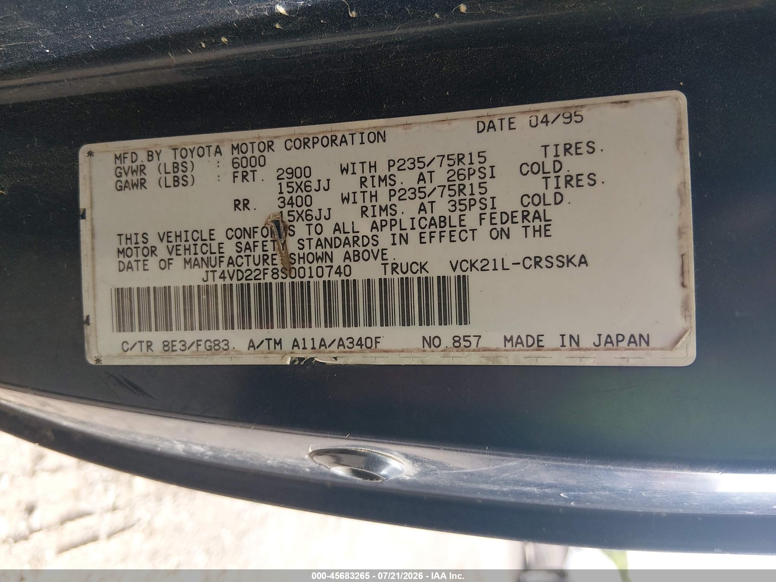 1995 Toyota T100 Xtracab Sr5 Blue vin: JT4VD22F8S0010740