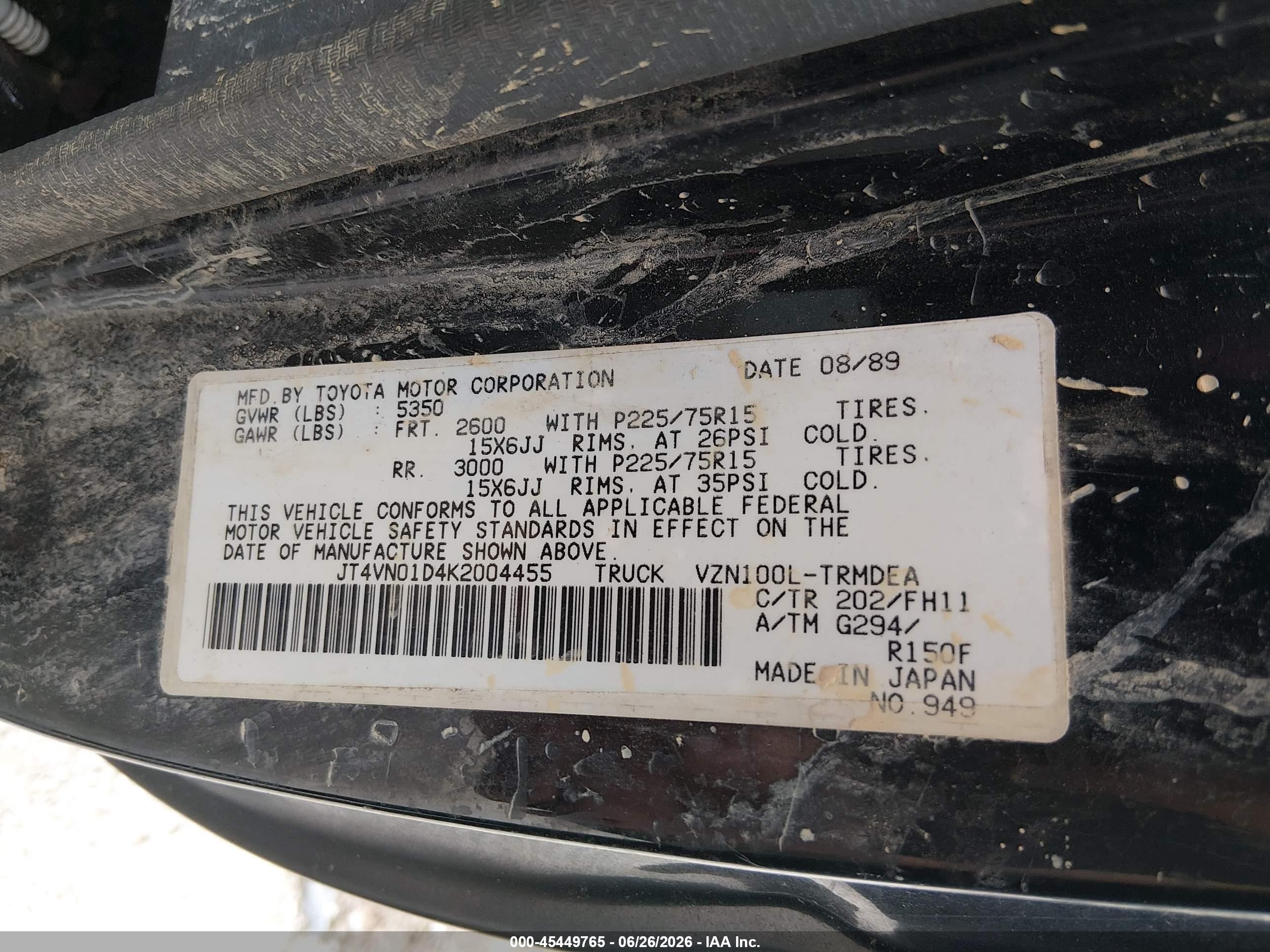 1989 Toyota Pickup 1/2 Ton Sht Wheelbase Dlx Black vin: JT4VN01D4K2004455