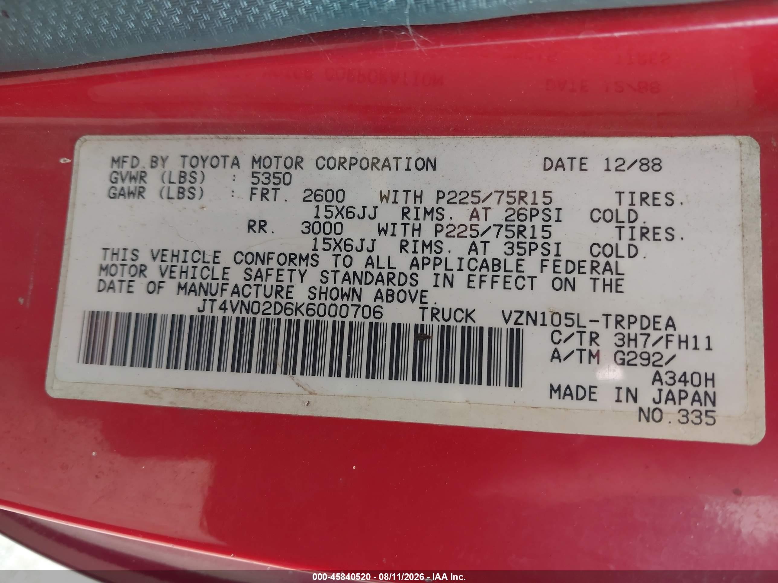 1989 Toyota Pickup 1/2 Ton Lng Wheelbase Dlx Red vin: JT4VN02D6K6000706