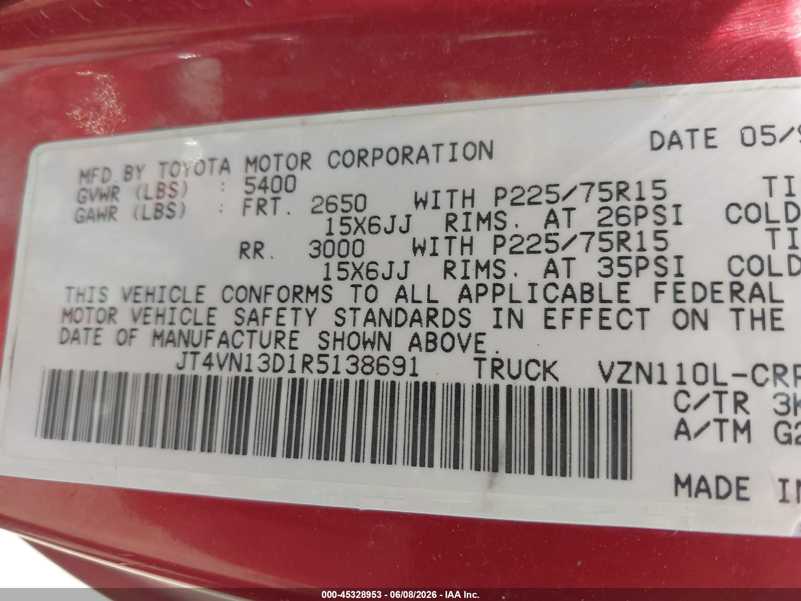 1994 Toyota Pickup 1/2 Ton Ex Lng Whlbase/dx Красный vin: JT4VN13D1R5138691
