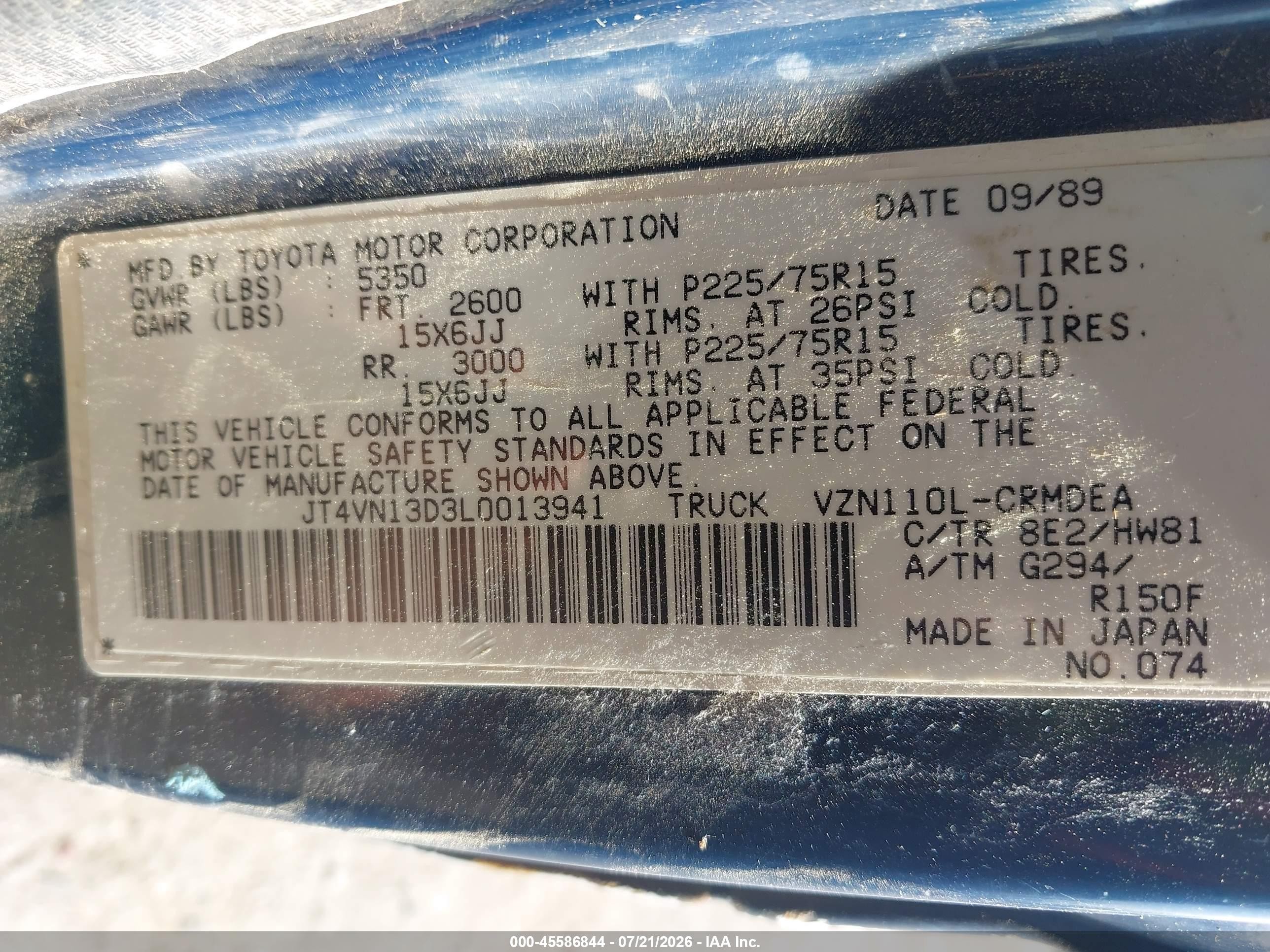 1990 Toyota Pickup 1/2 Ton Ex Lng Whlbse Dlx Blue vin: JT4VN13D3L0013941