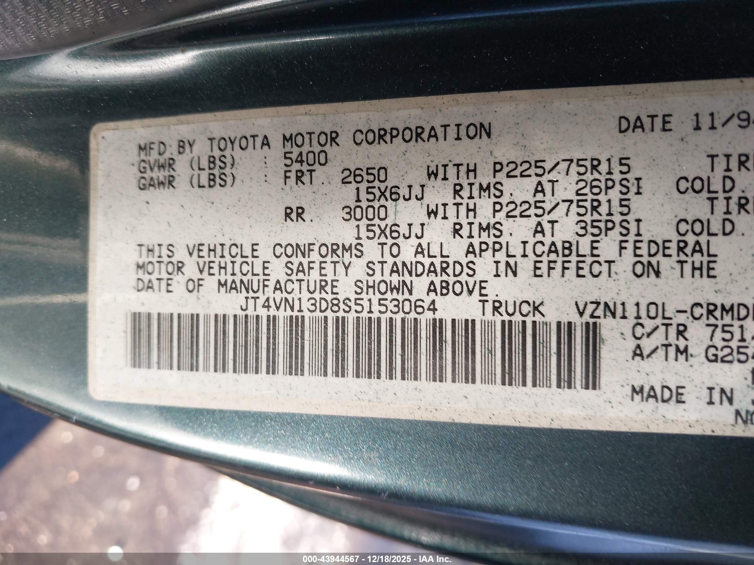 1995 Toyota Pickup 1/2 Ton Ex Lng Whlbase/dx Green vin: JT4VN13D8S5153064