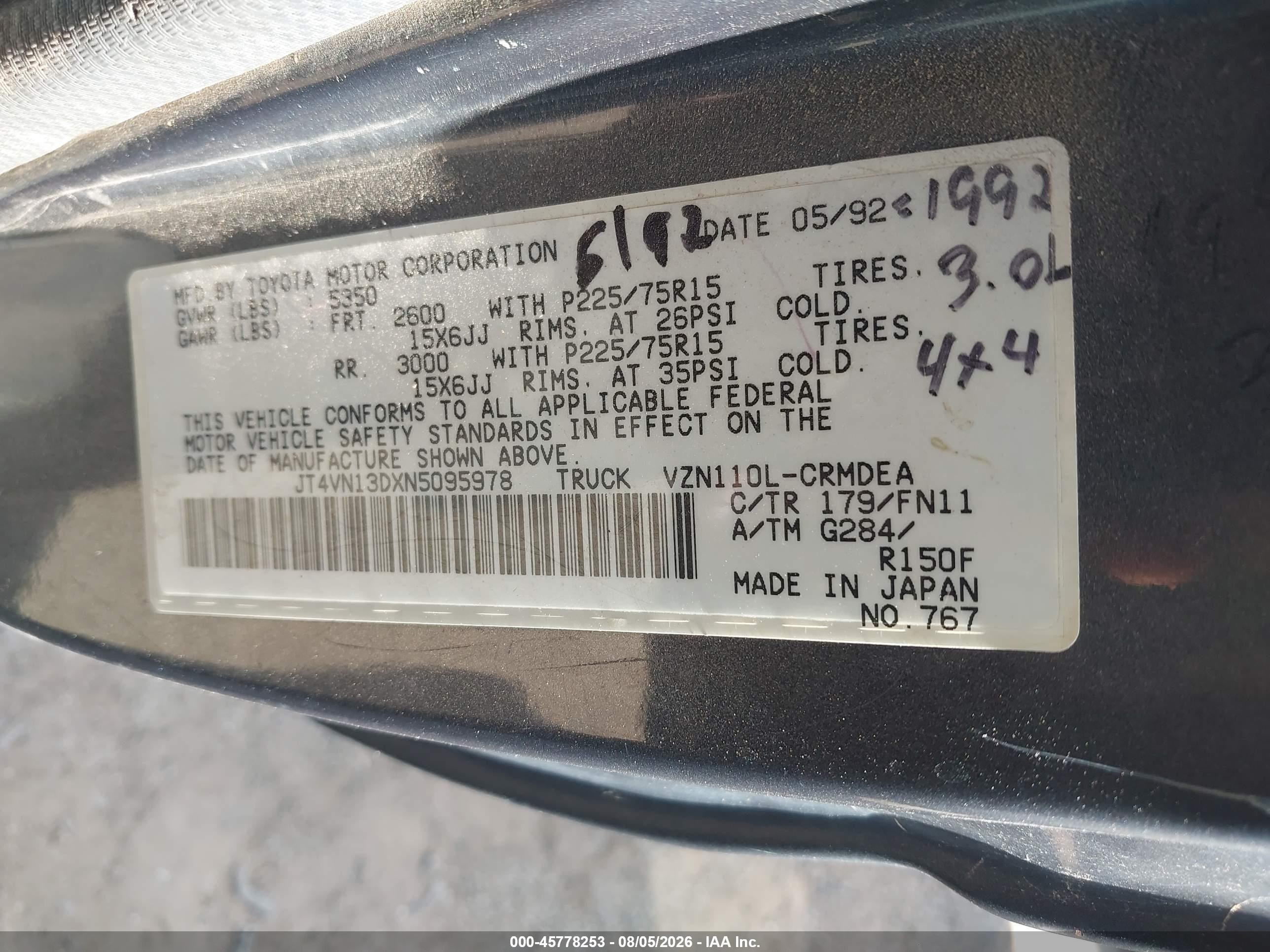 1992 Toyota Pickup 1/2 Ton Ex Lng Whlbse Dlx Gray vin: JT4VN13DXN5095978