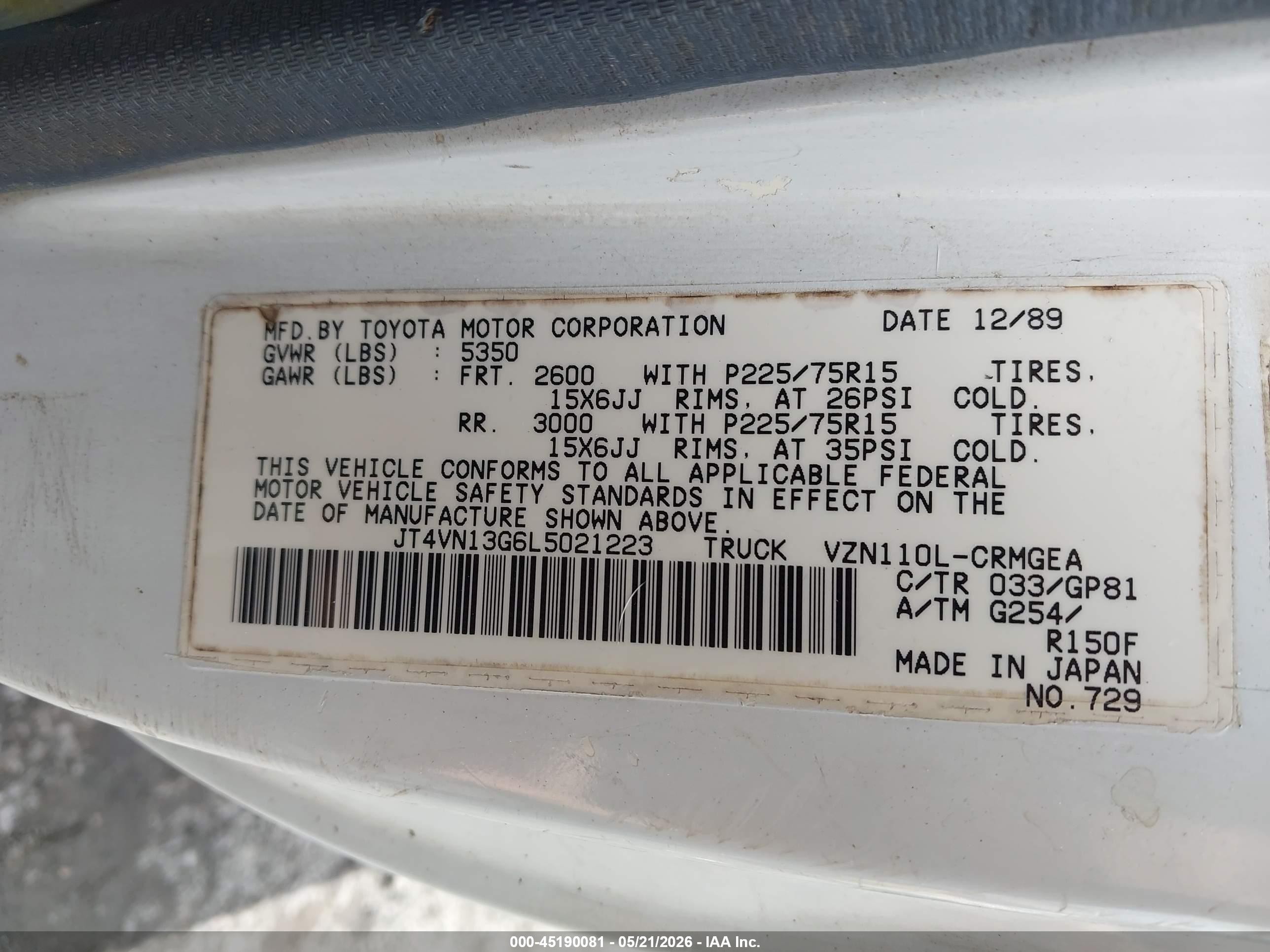 1990 Toyota Pickup 1/2 Ton Ex Long Whlbs Sr5 White vin: JT4VN13G6L5021223