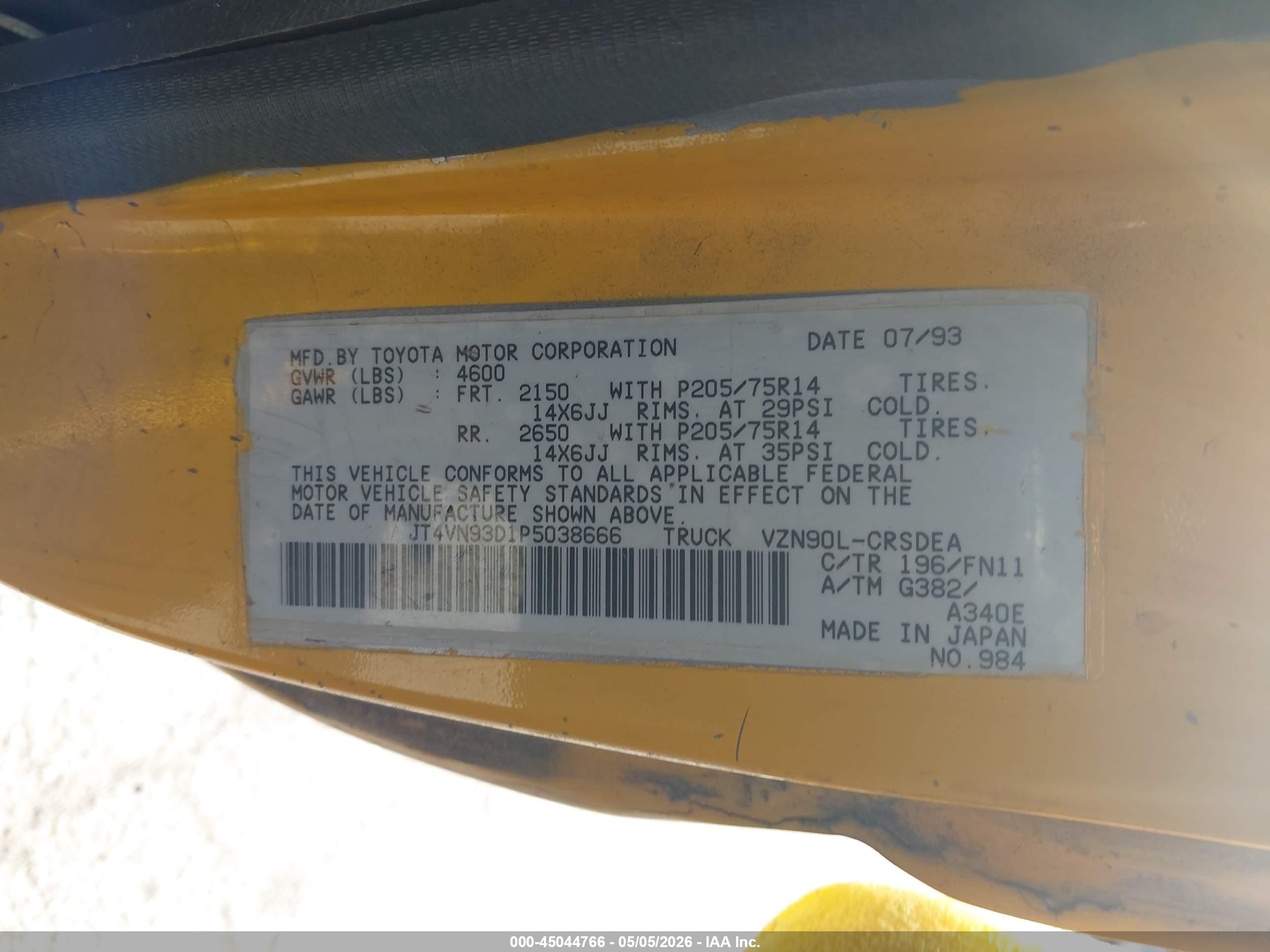 1993 Toyota Pickup 1/2 Ton Ex Long Whlbse Dx Yellow vin: JT4VN93D1P5038666
