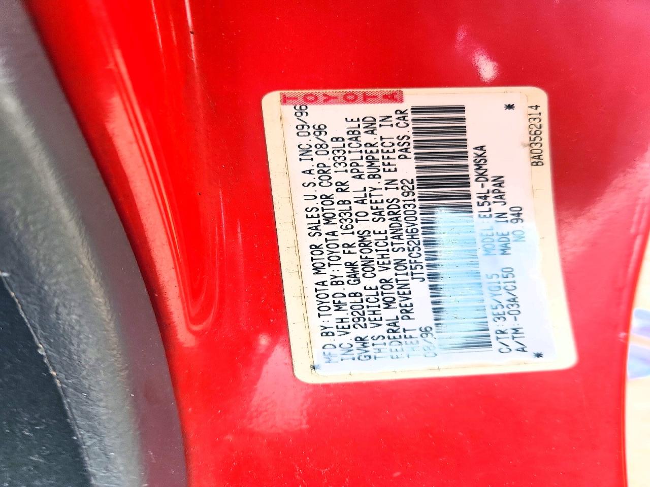 1997 Toyota Paseo Base Red vin: JT5FC52H6V0031922