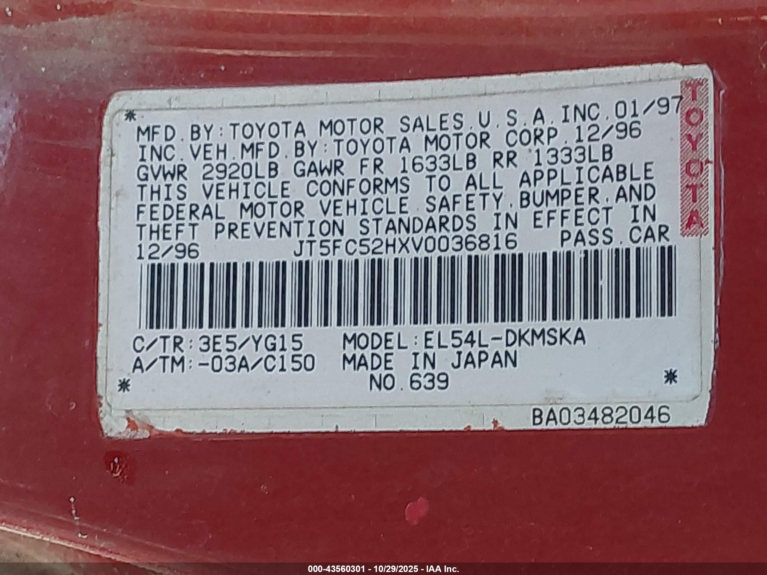 1997 Toyota Paseo   Red vin: JT5FC52HXV0036816
