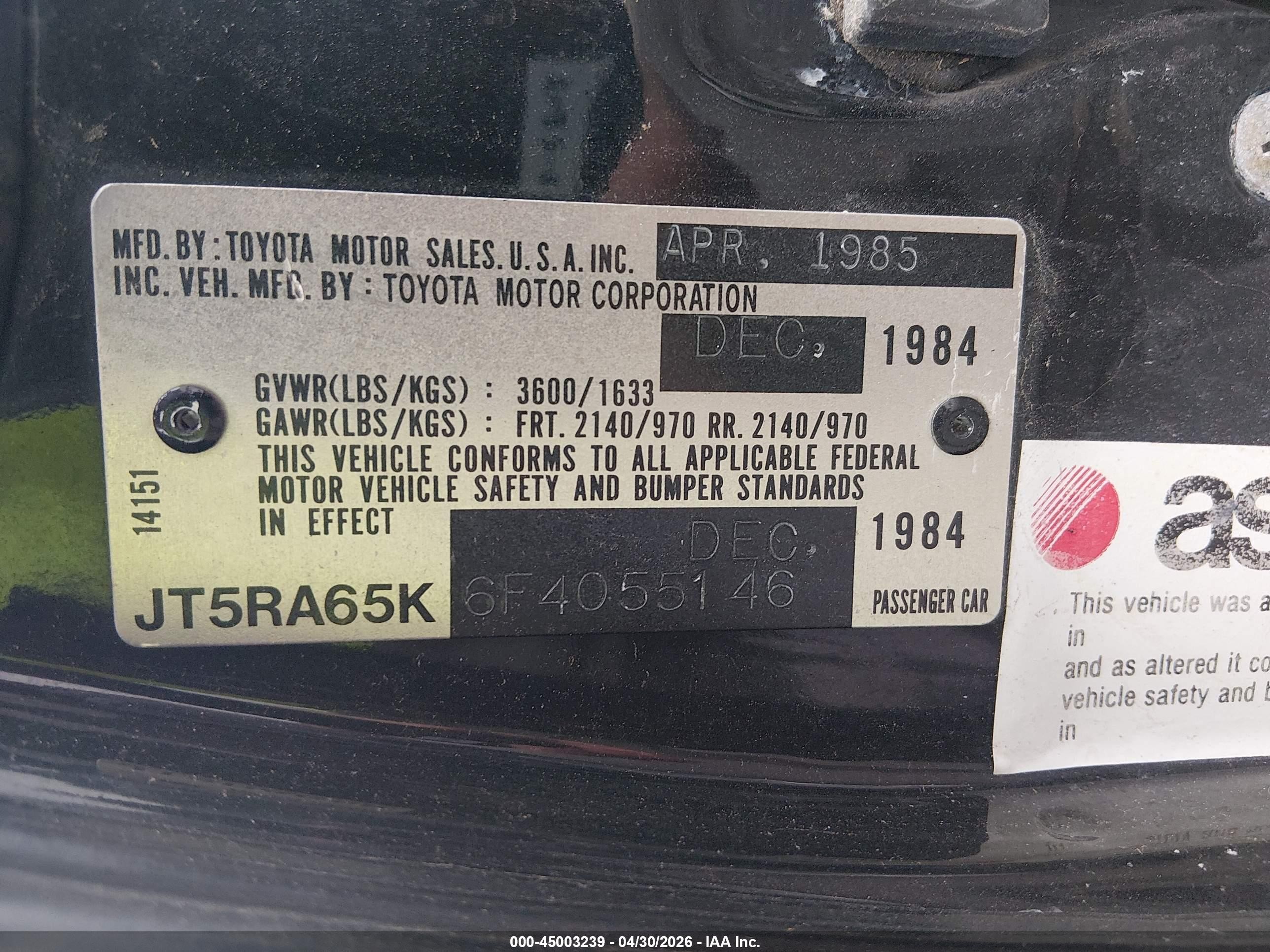1985 Toyota Celica Gt-s Black vin: JT5RA65K6F4055146