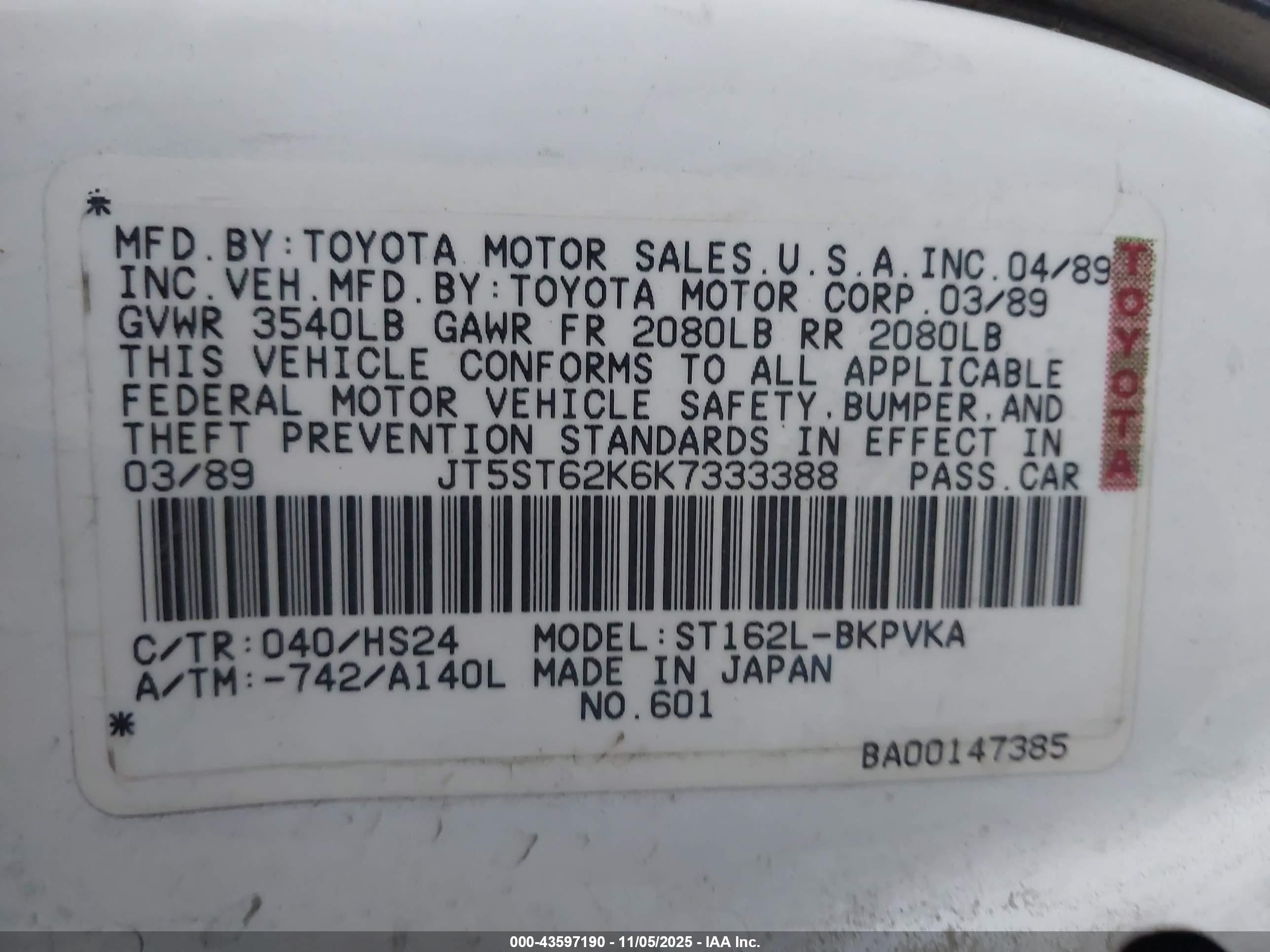 1989 Toyota Celica Gt White vin: JT5ST62K6K7333388