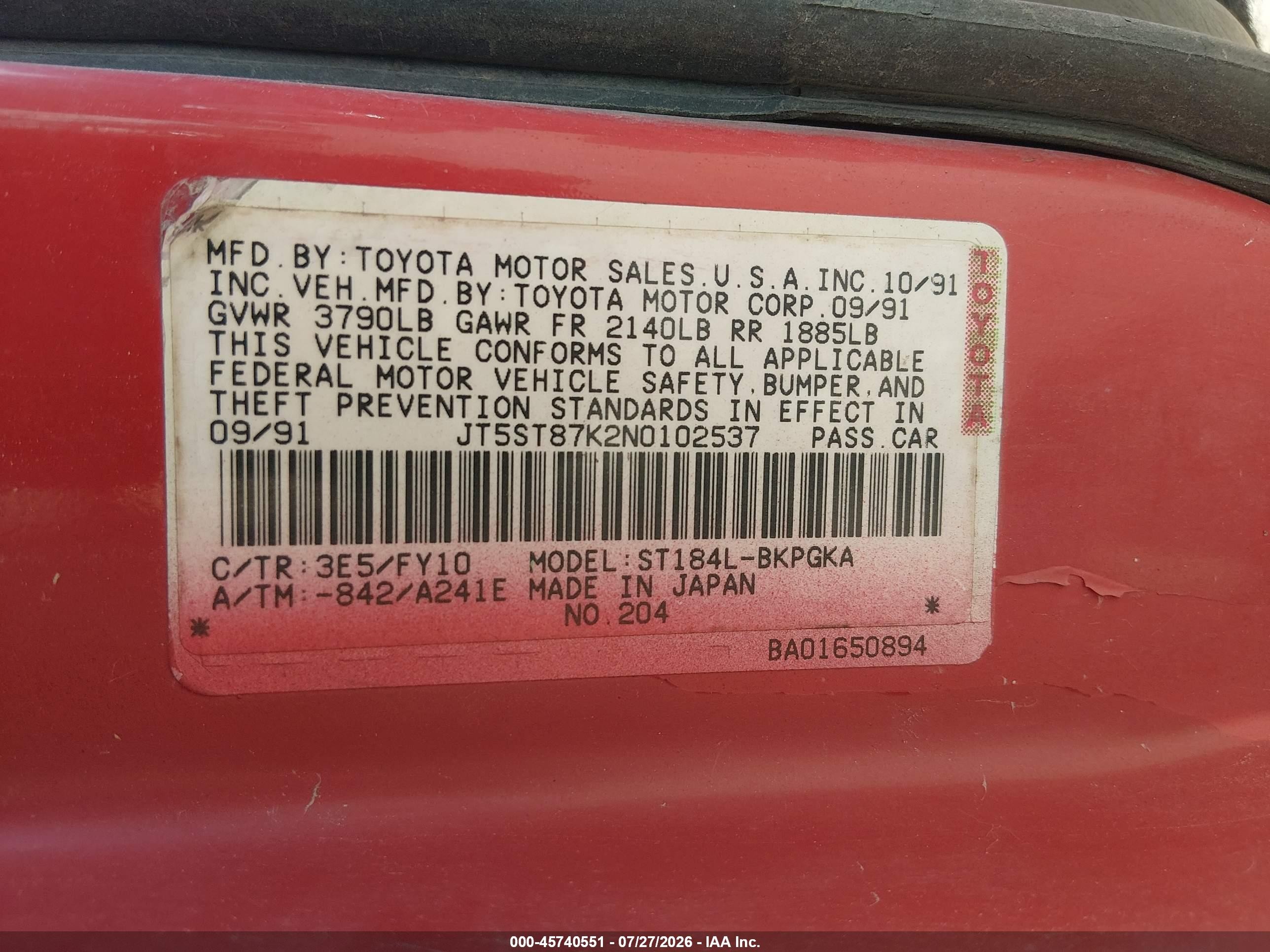 1992 Toyota Celica Gt Red vin: JT5ST87K2N0102537