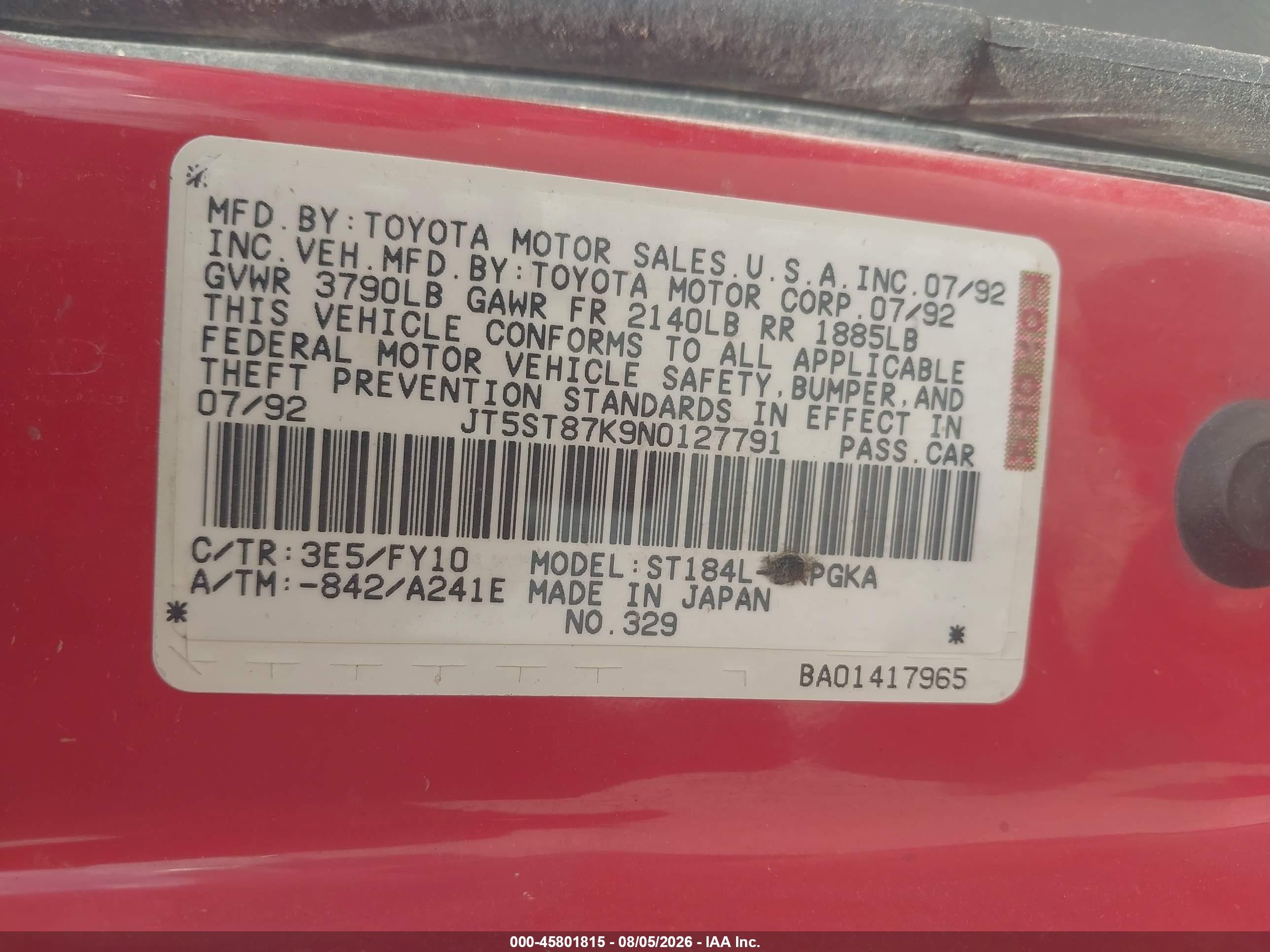 1992 Toyota Celica Gt Red vin: JT5ST87K9N0127791
