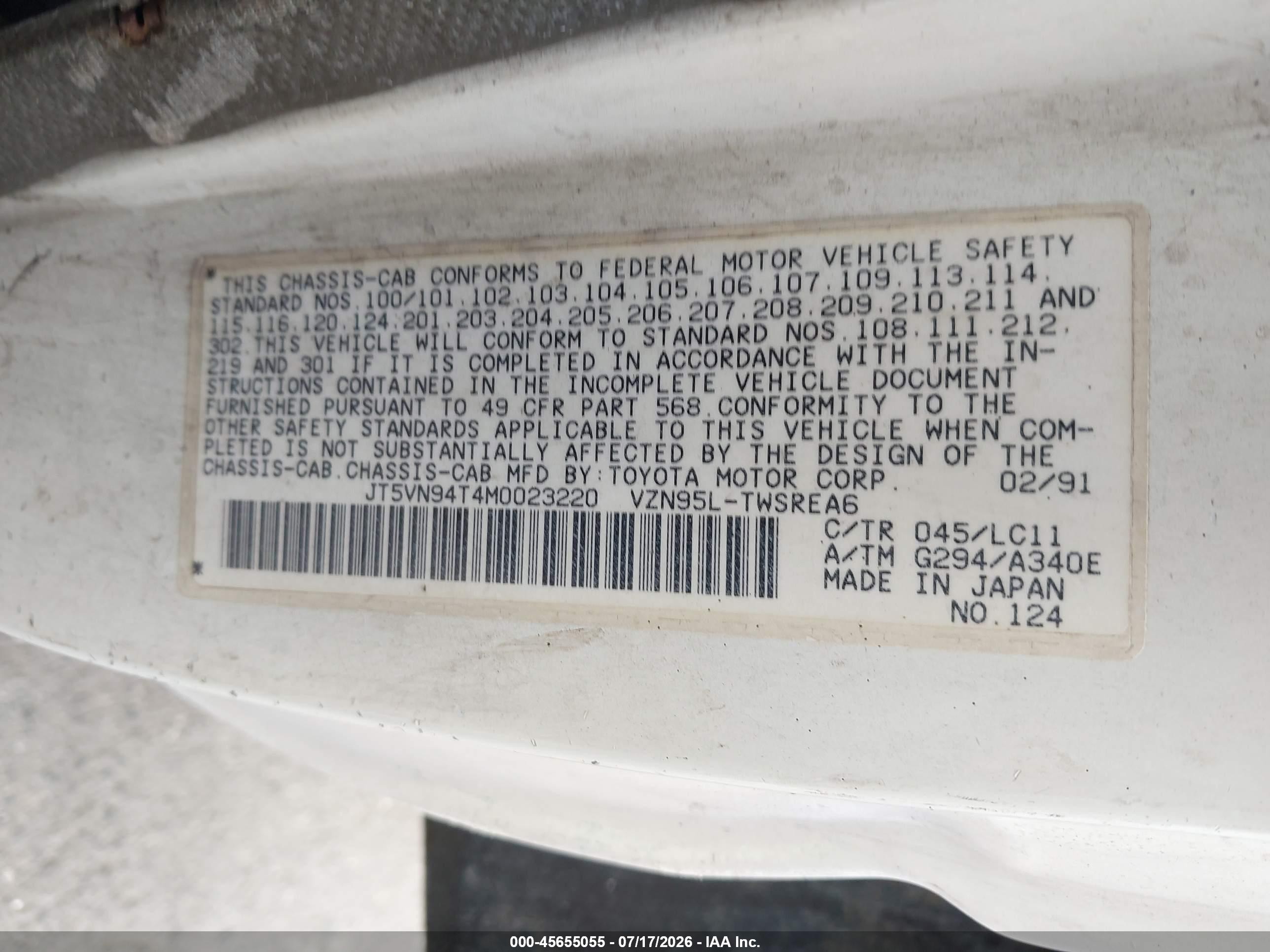 1991 Toyota Pickup Cab Chassis Super Long Wb White vin: JT5VN94T4M0023220