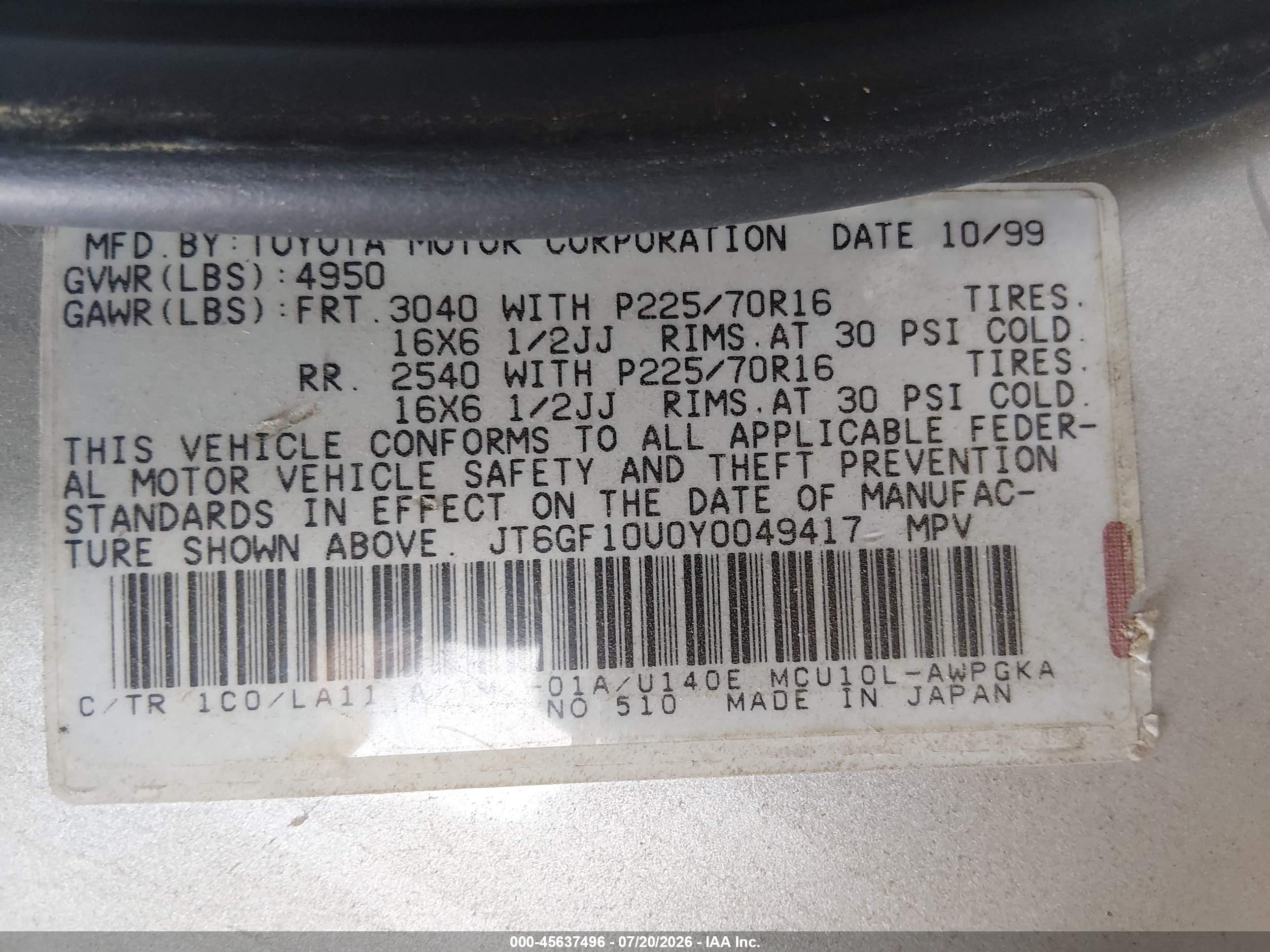 2000 Lexus Rx 300   Silver vin: JT6GF10U0Y0049417