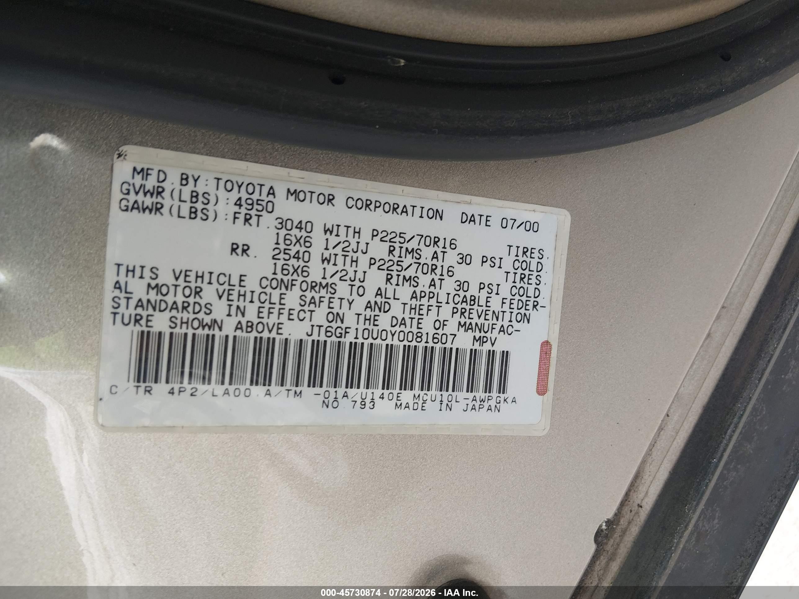 2000 Lexus Rx 300   Gold vin: JT6GF10U0Y0081607