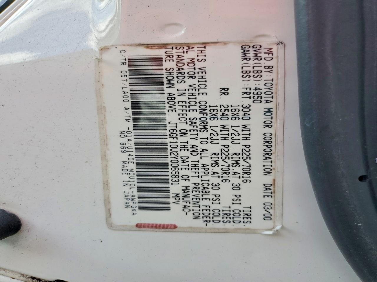 2000 Lexus Rx 300 White vin: JT6GF10U2Y0065831