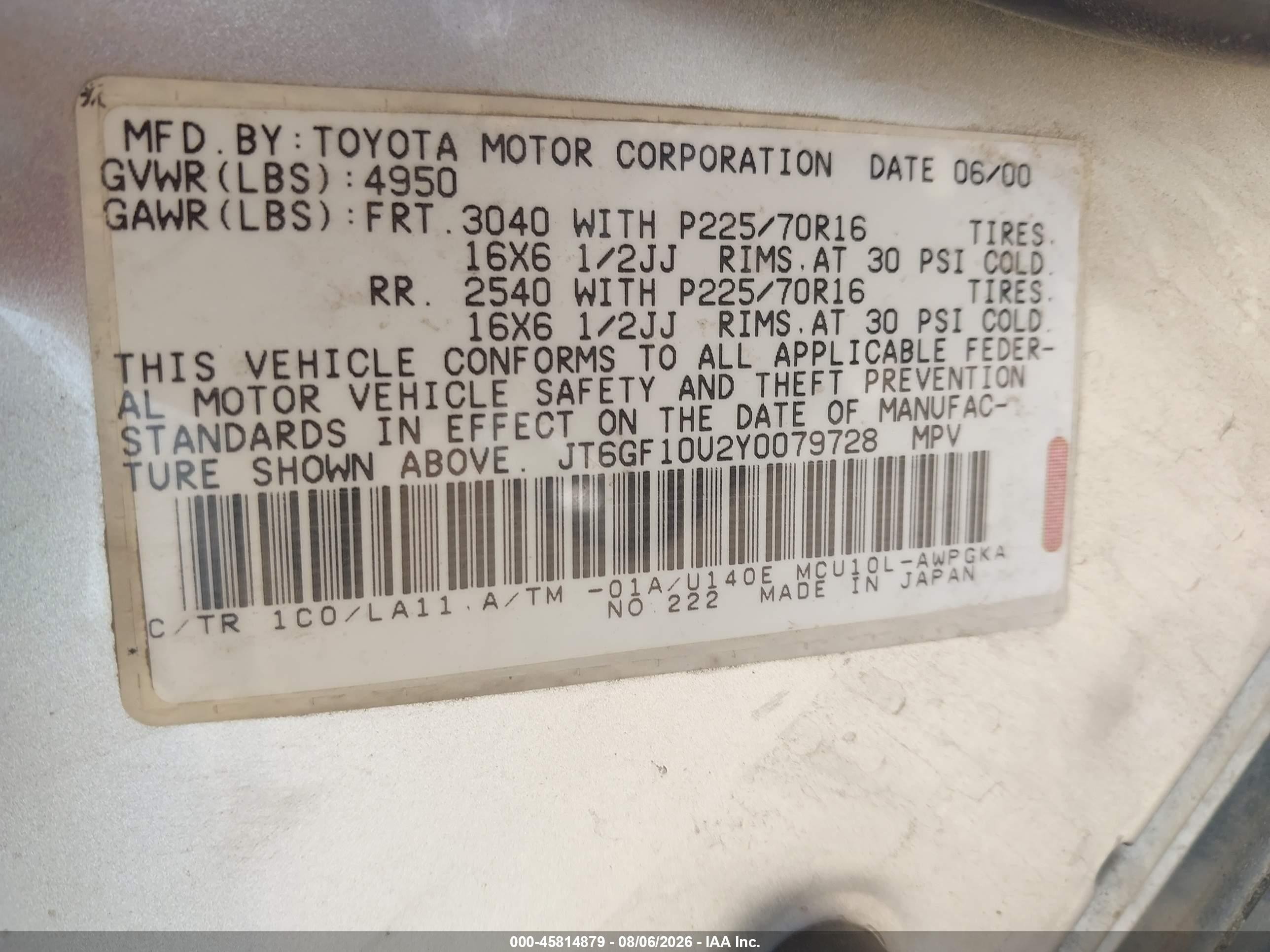 2000 Lexus Rx 300   Серый vin: JT6GF10U2Y0079728