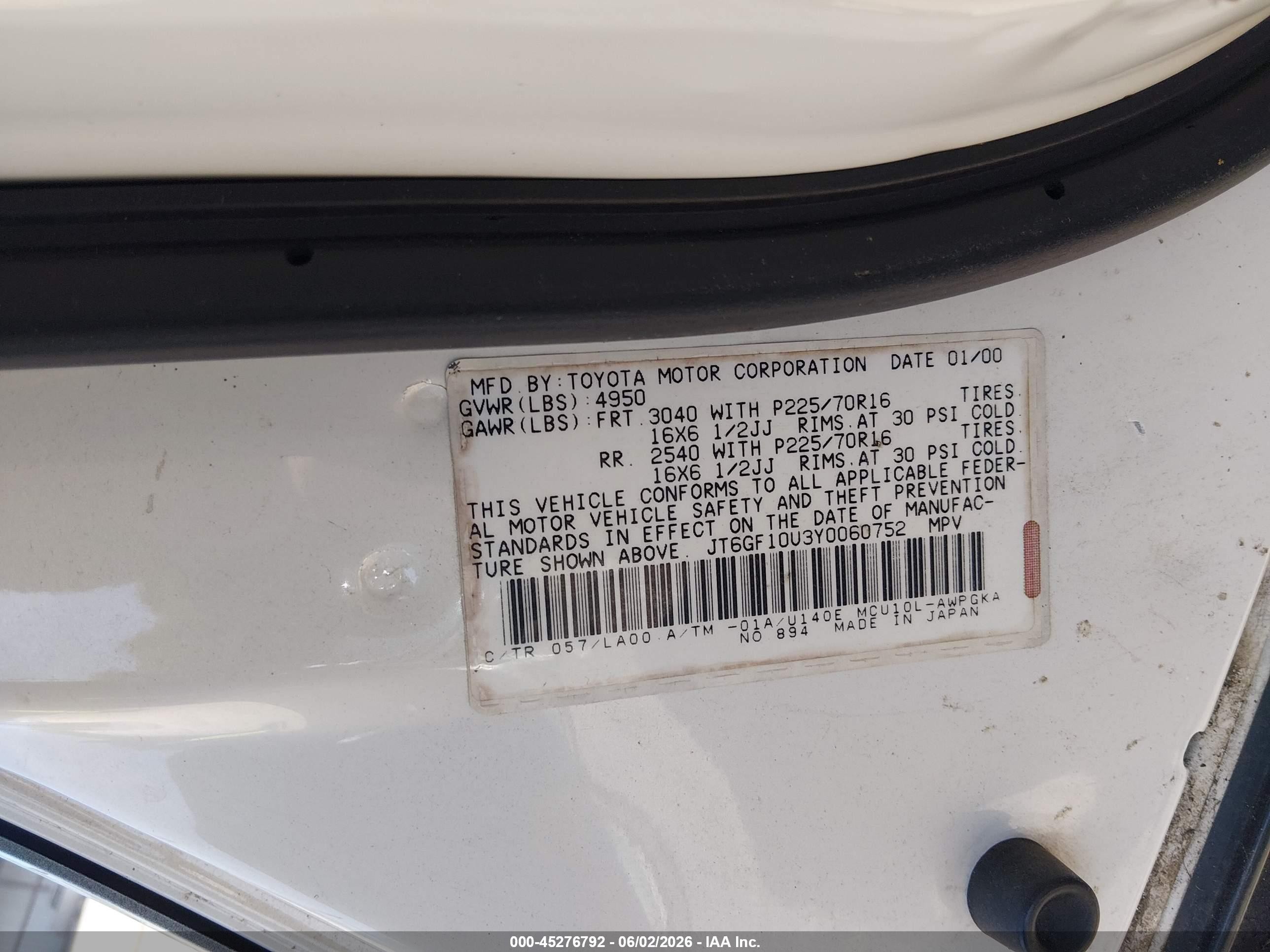 2000 Lexus Rx 300   White vin: JT6GF10U3Y0060752