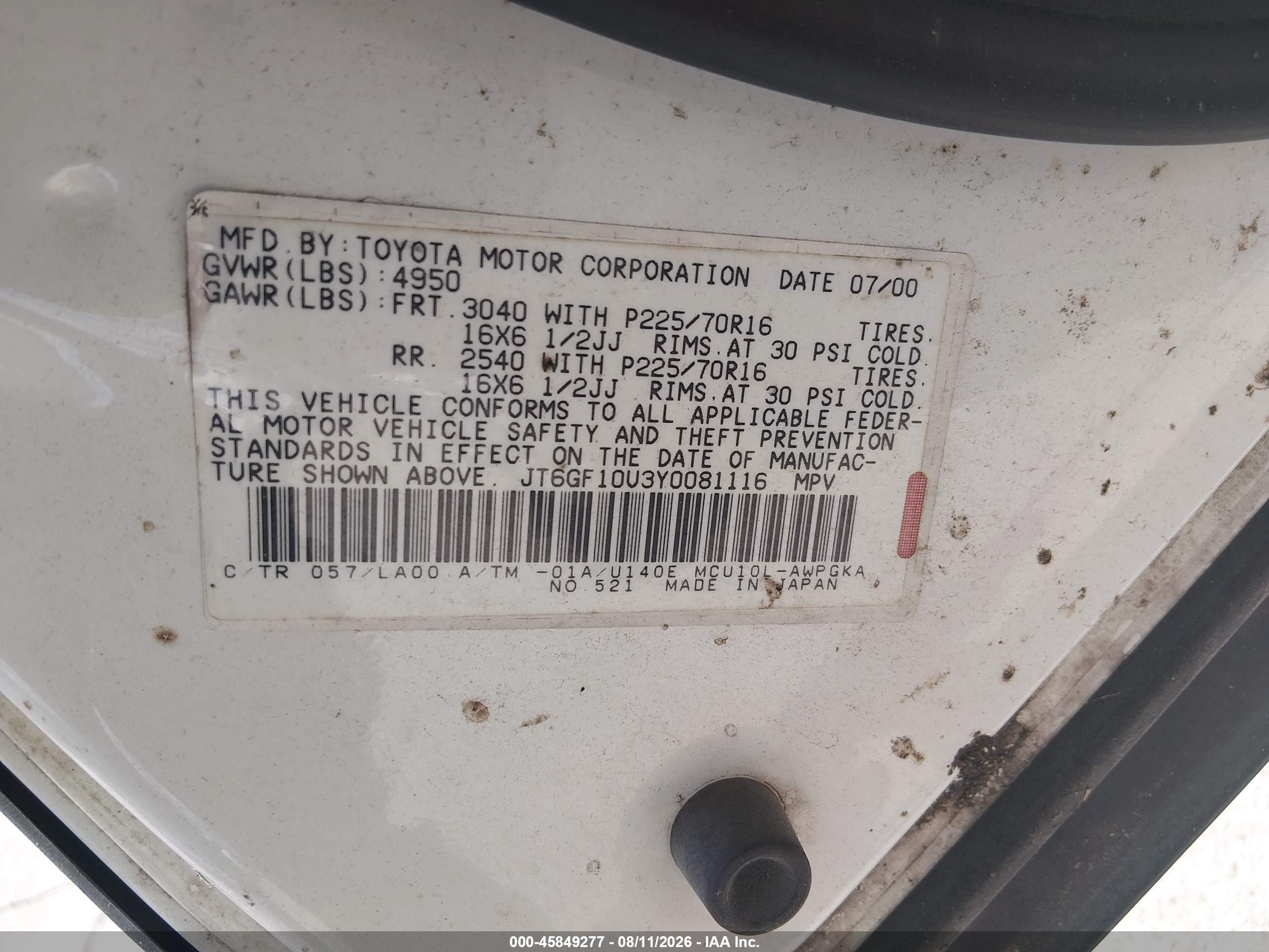 2000 Lexus Rx 300   White vin: JT6GF10U3Y0081116