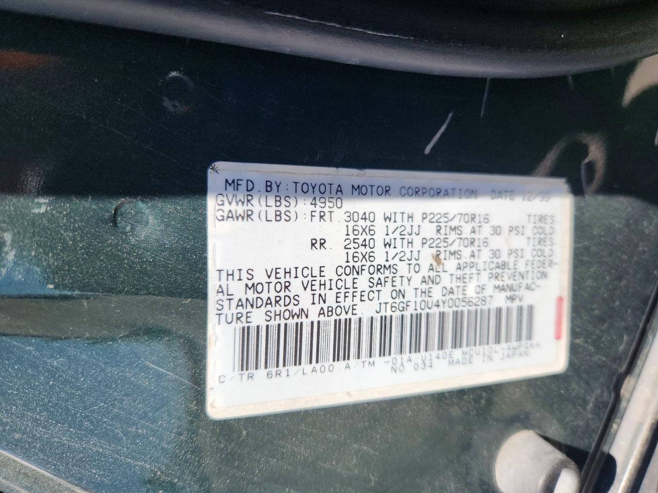 2000 Lexus Rx 300 Green vin: JT6GF10U4Y0056287