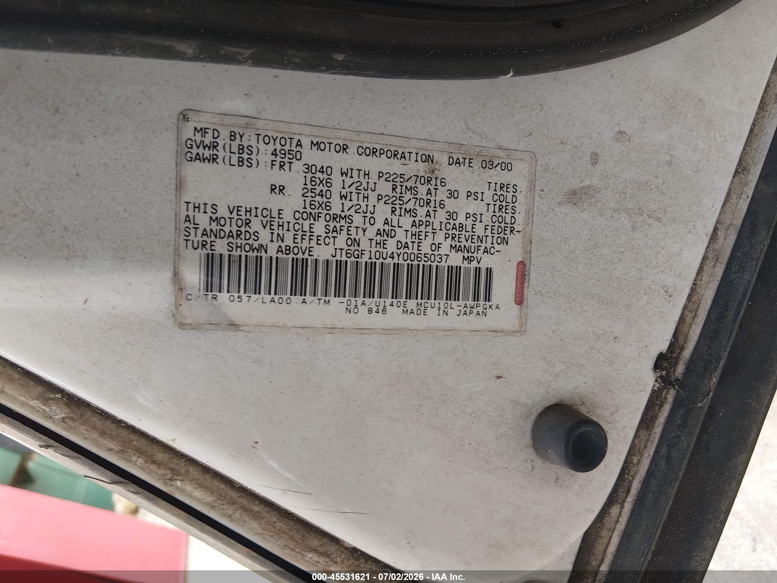2000 Lexus Rx 300   White vin: JT6GF10U4Y0065037
