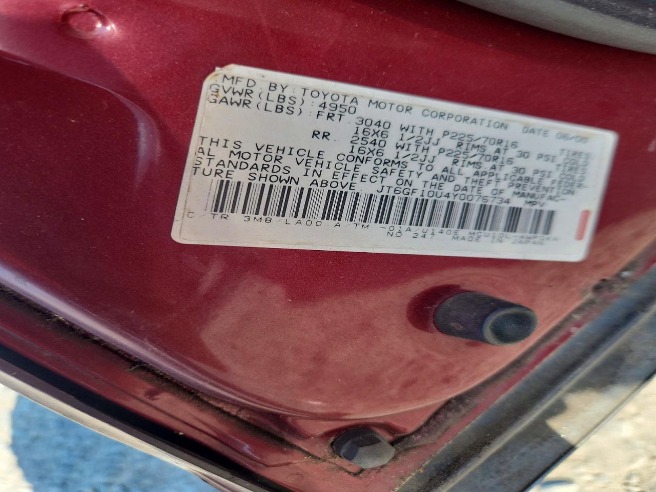 2000 Lexus Rx 300 Maroon vin: JT6GF10U4Y0076734