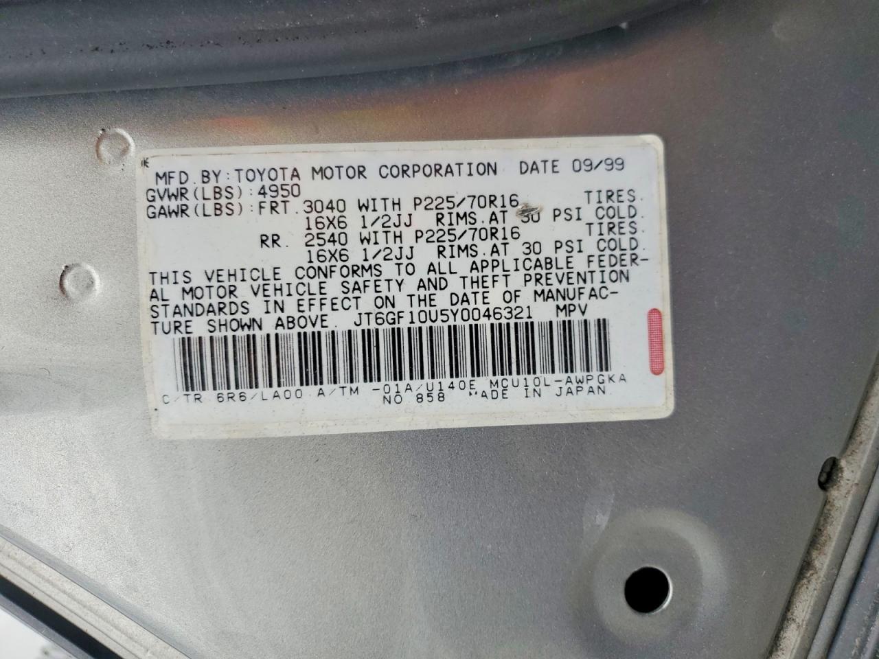 2000 Lexus Rx 300 Gray vin: JT6GF10U5Y0046321