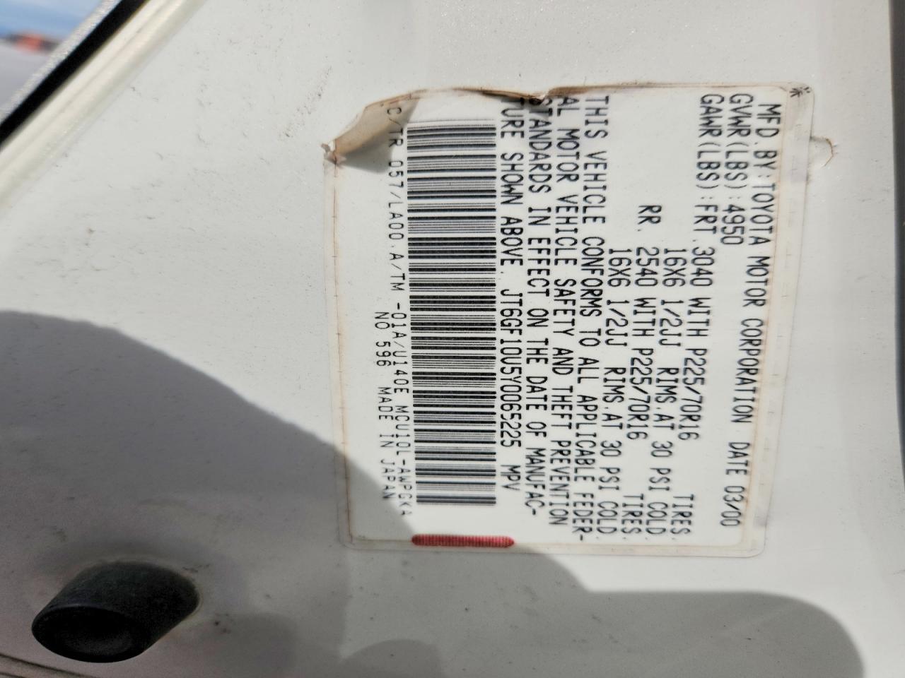 2000 Lexus Rx 300 White vin: JT6GF10U5Y0065225
