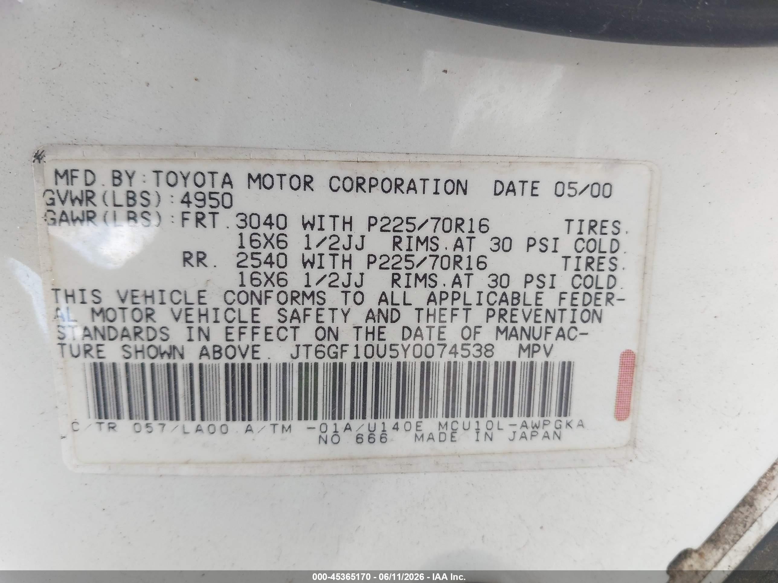 2000 Lexus Rx 300 White vin: JT6GF10U5Y0074538